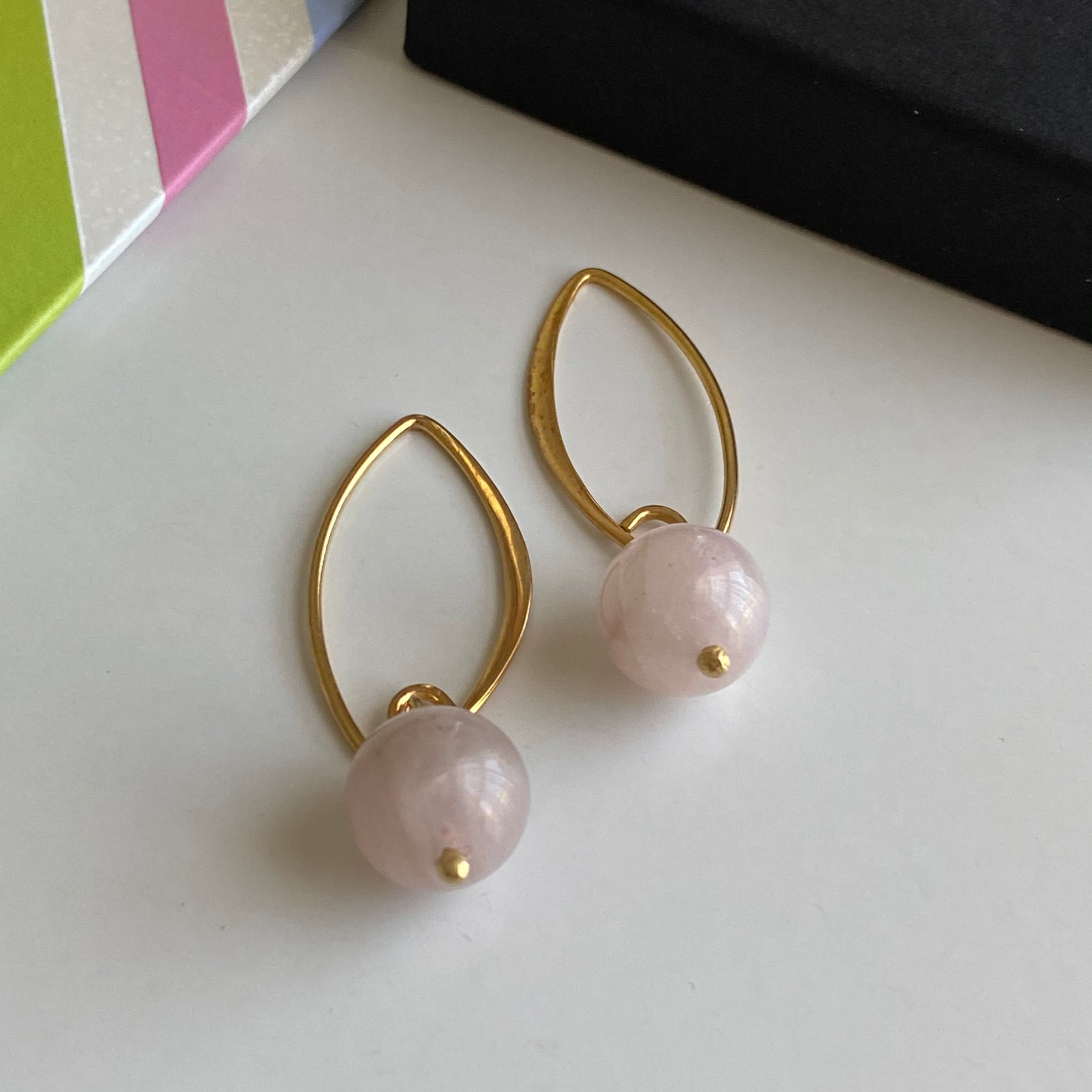 Gold Plated Sterling Silver Earrings with Rose Quartz Drop