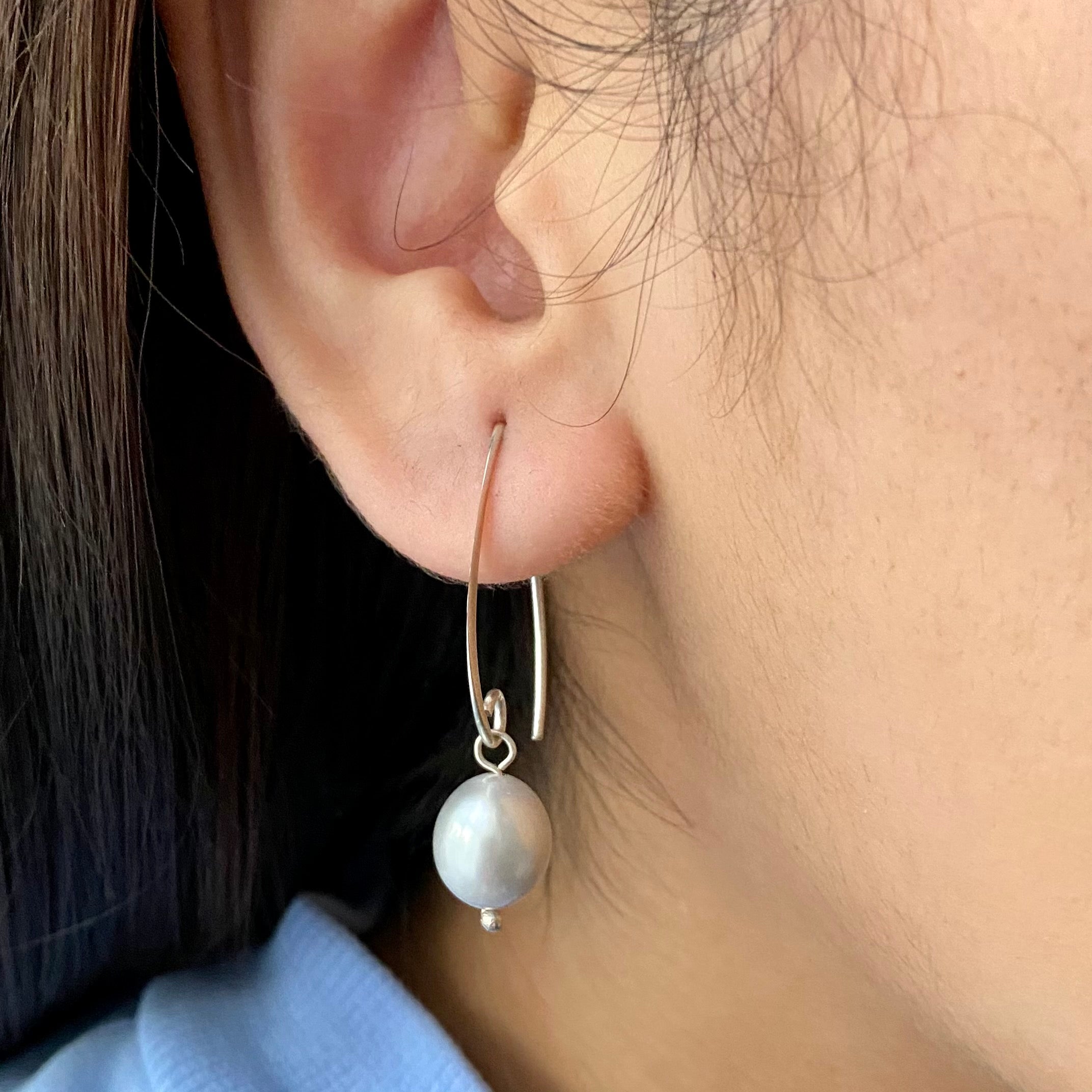 Sterling Silver Threader Hook Earrings - Grey Pearl