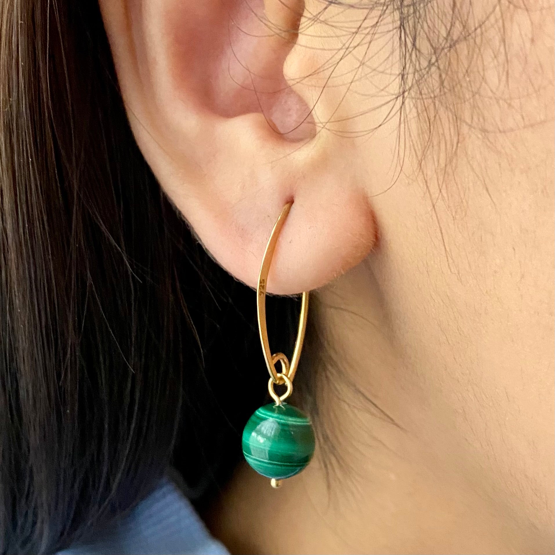 Gold Plated Sterling Silver Threader Hook Earrings - Malachite