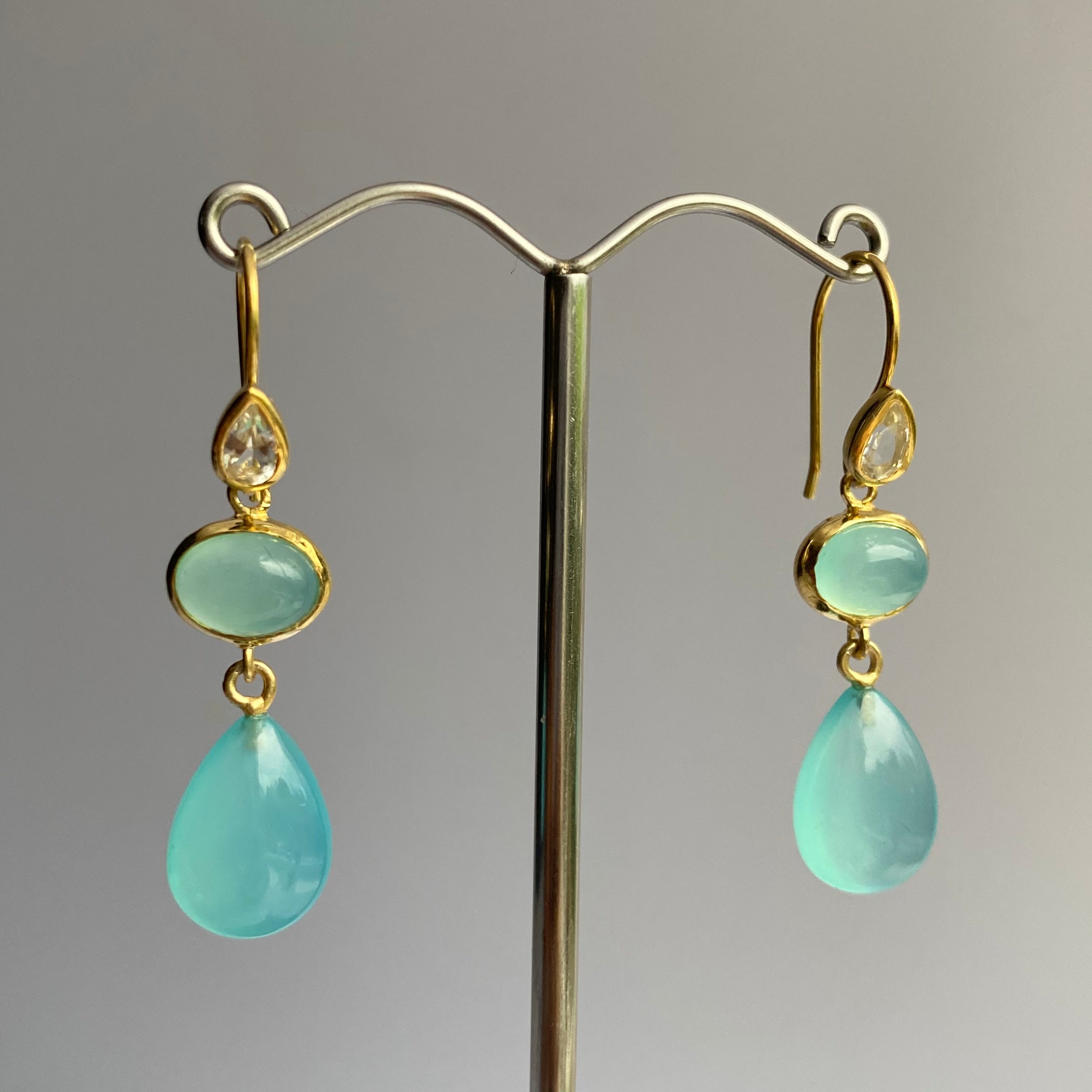 Long Hook Earrings 3 Stones - Faceted Rock Crystal, Cabochon Blue Topaz & Cabochon Aqua Chalcedony