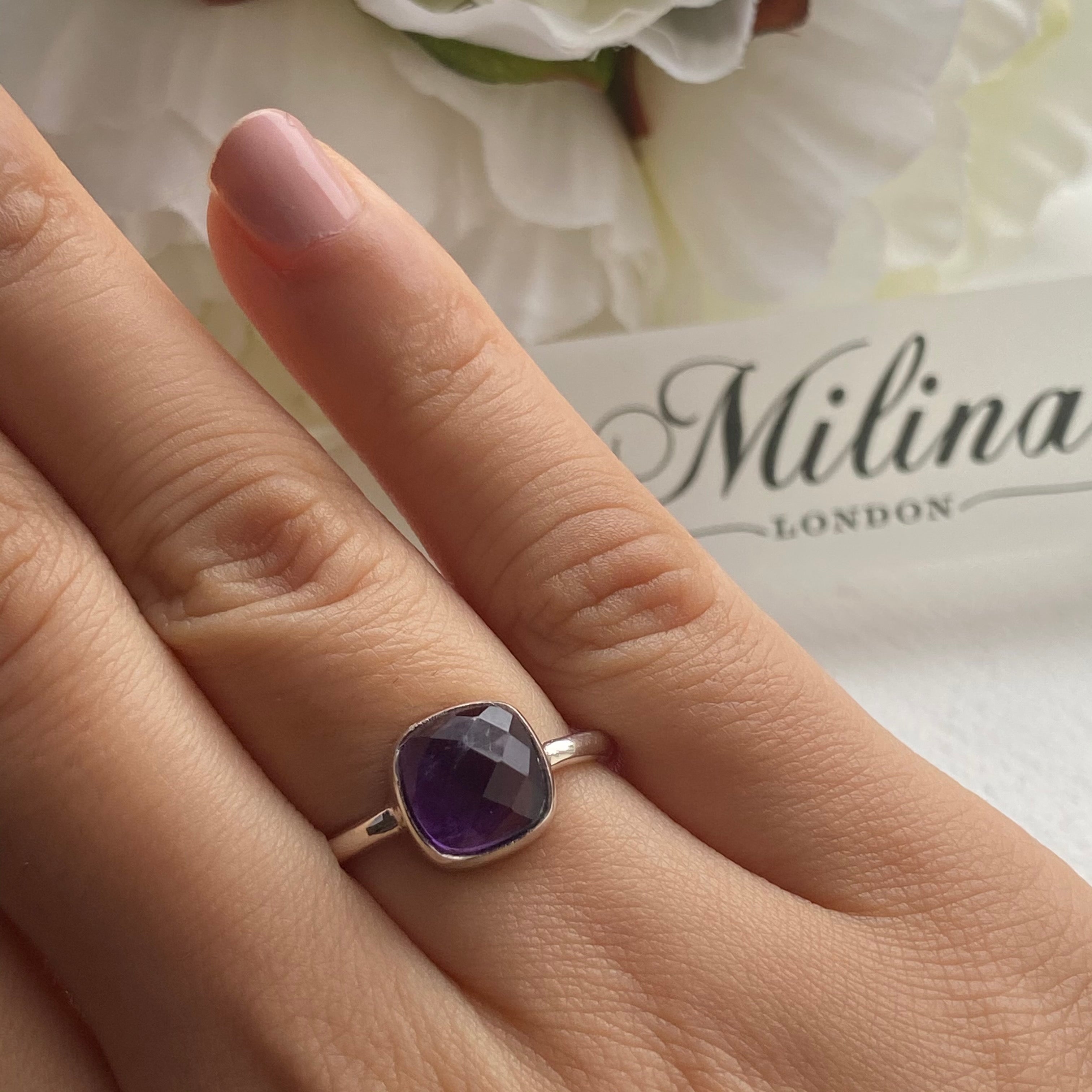 Faceted Square Cut Natural Gemstone Sterling Silver Solitaire Ring - Amethyst