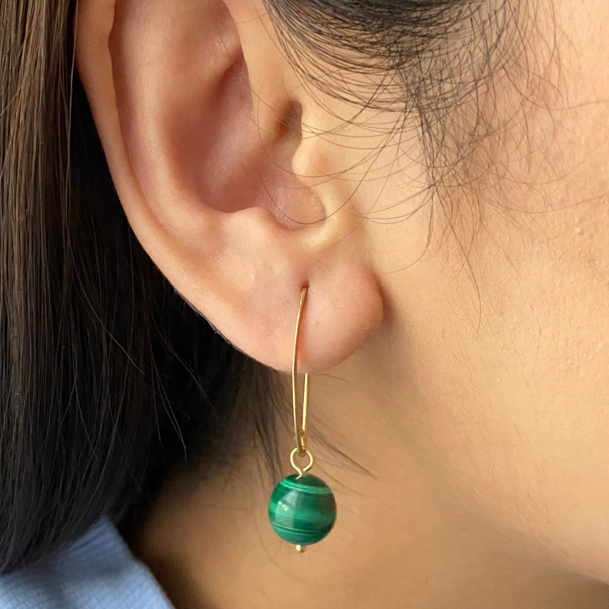 Gold Plated Sterling Silver Threader Hook Earrings - Malachite