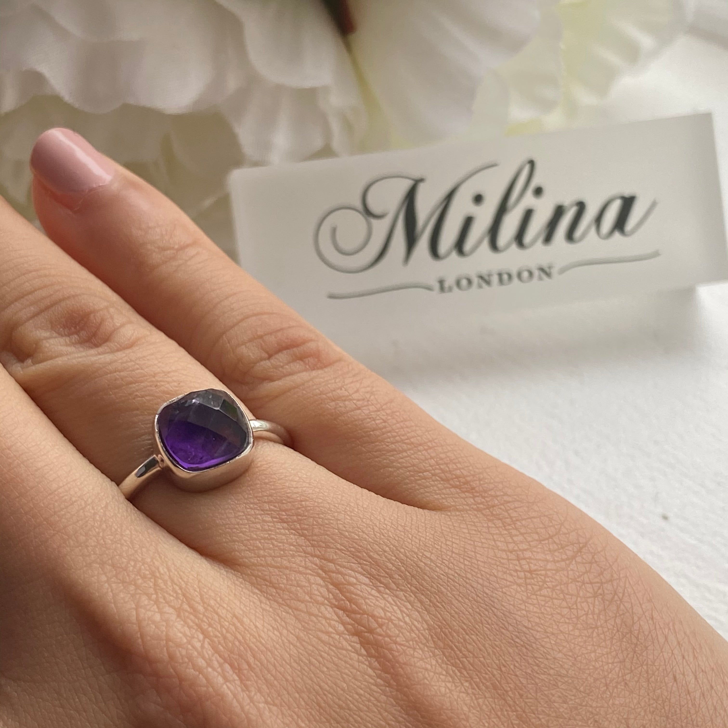 Faceted Square Cut Natural Gemstone Sterling Silver Solitaire Ring - Amethyst