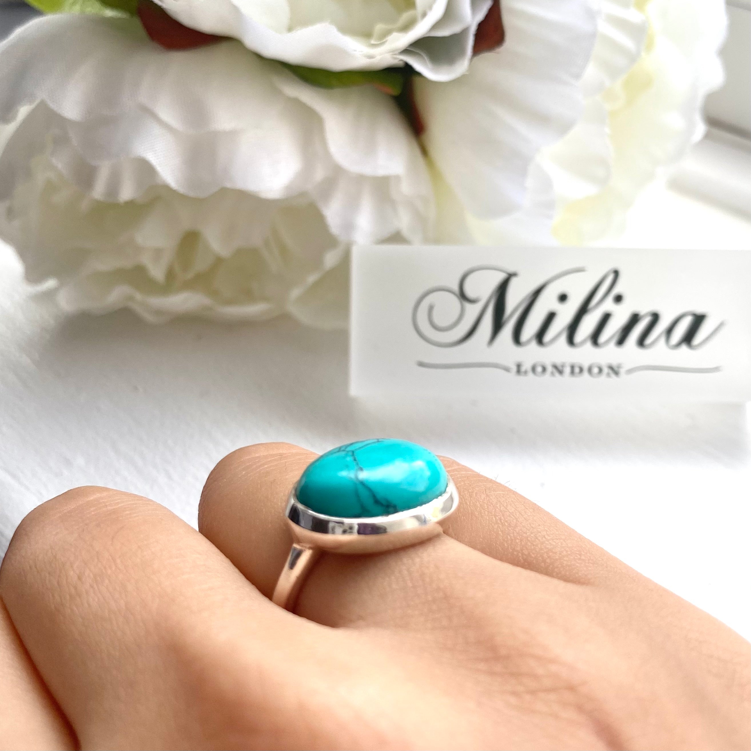 Cabochon Oval Cut Natural Gemstone Sterling Silver Ring - Turquoise