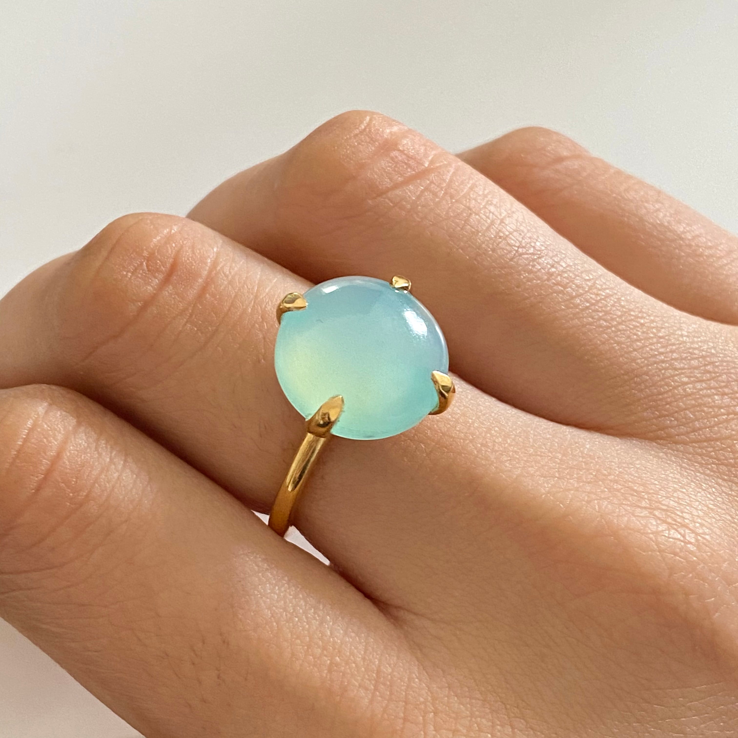 Round Cabochon Aqua Chalcedony Ring in Gold Plated Sterling Silver