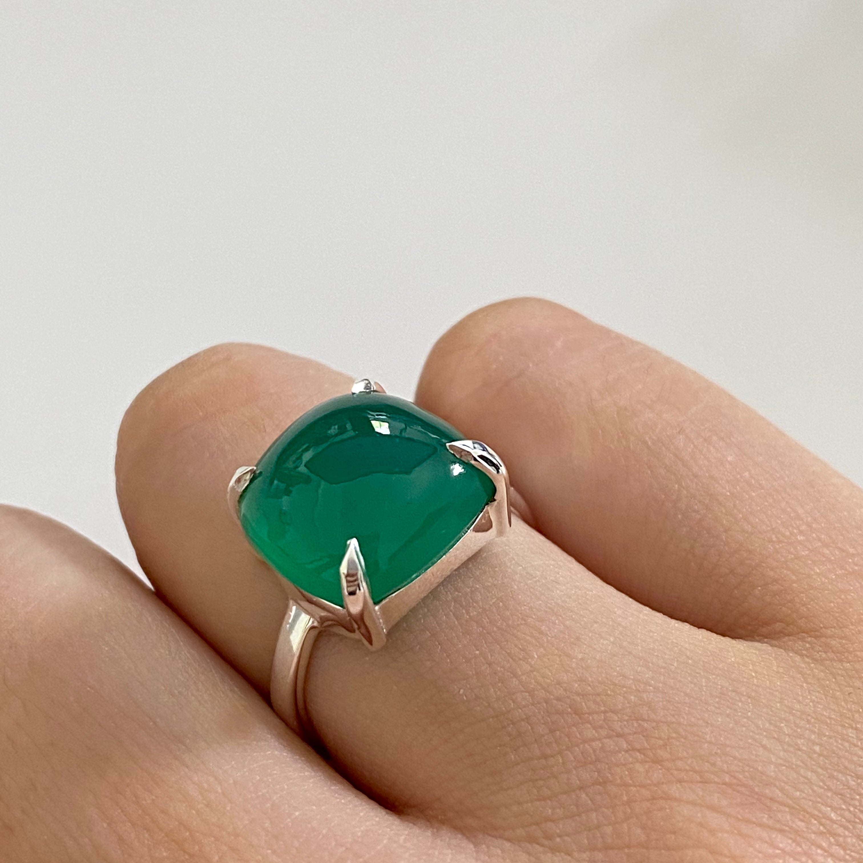 Square Cabochon Green Onyx Ring in Sterling Silver