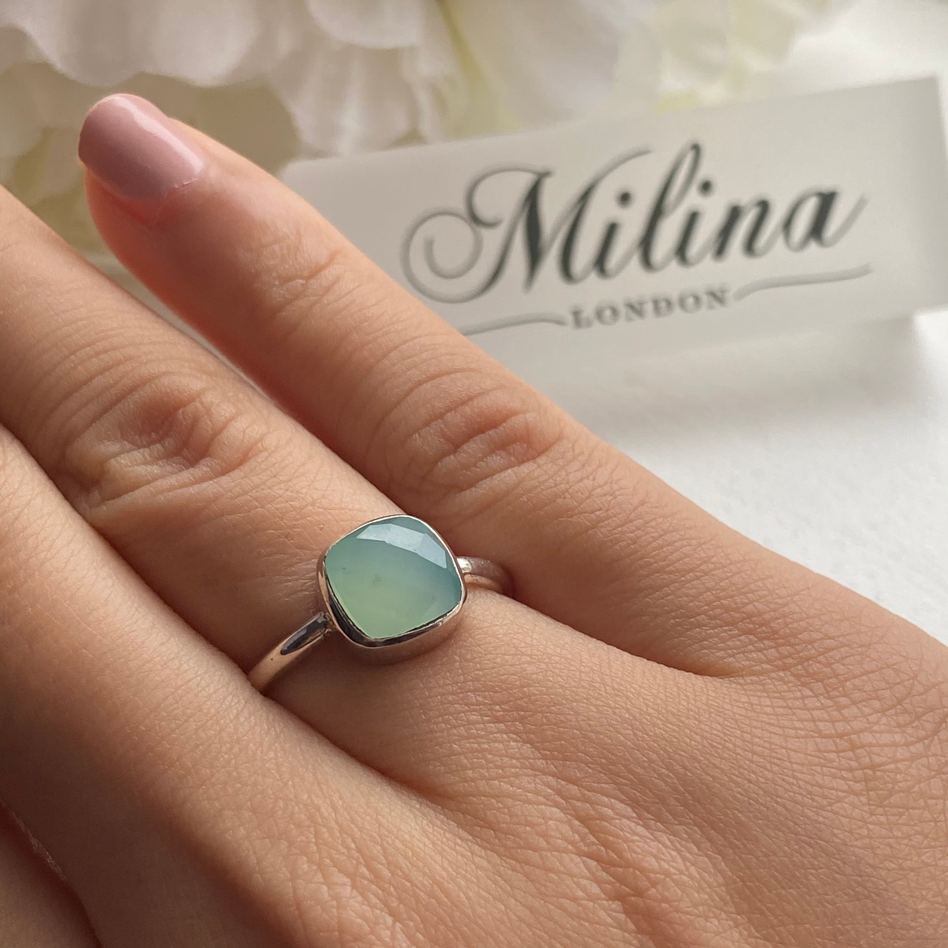 Faceted Square Cut Natural Gemstone Sterling Silver Solitaire Ring - Aqua Chalcedony