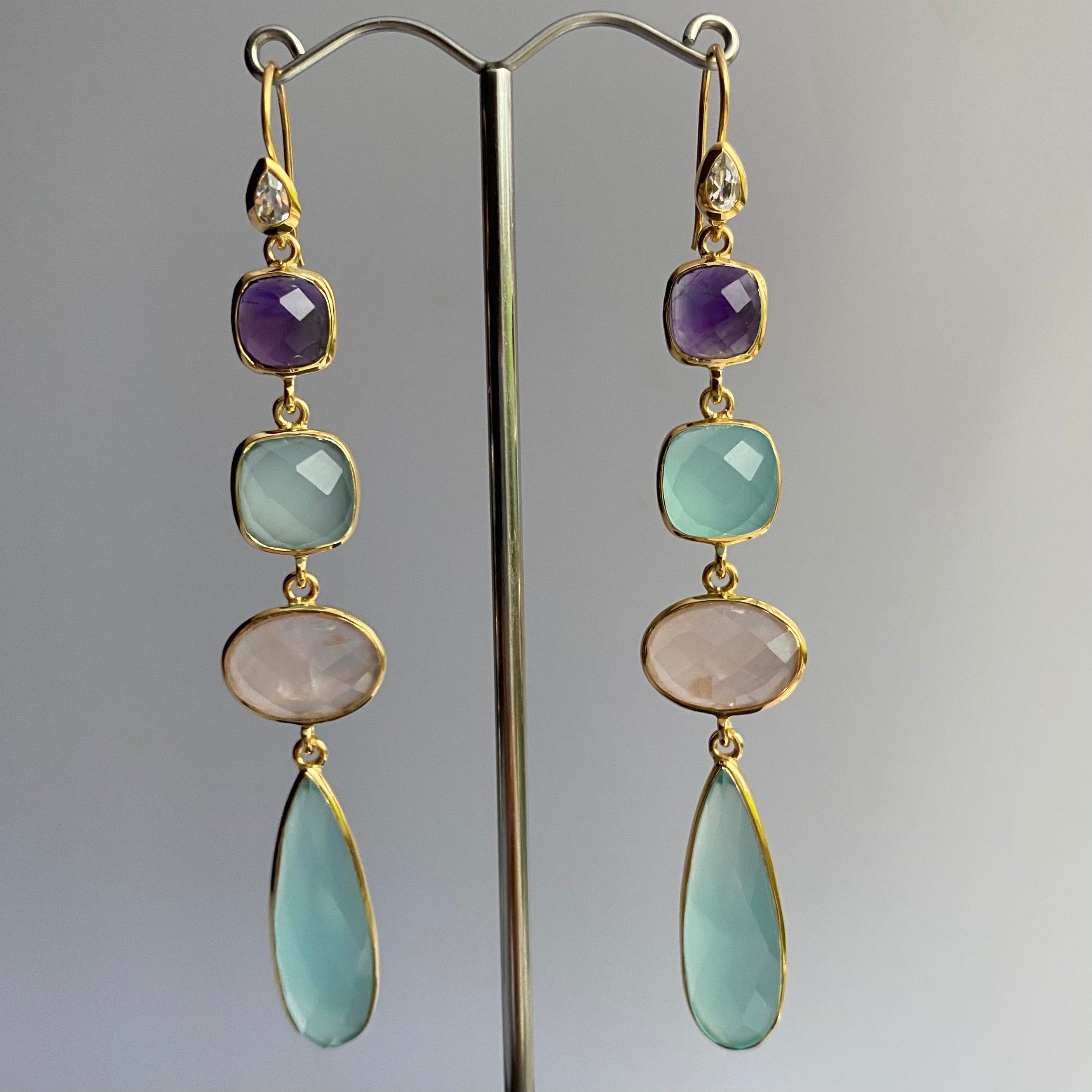 Gold Plated Sterling Silver Long Gemstone Earrings with Amethyst, Aqua Chalcedony and Rose Quartz