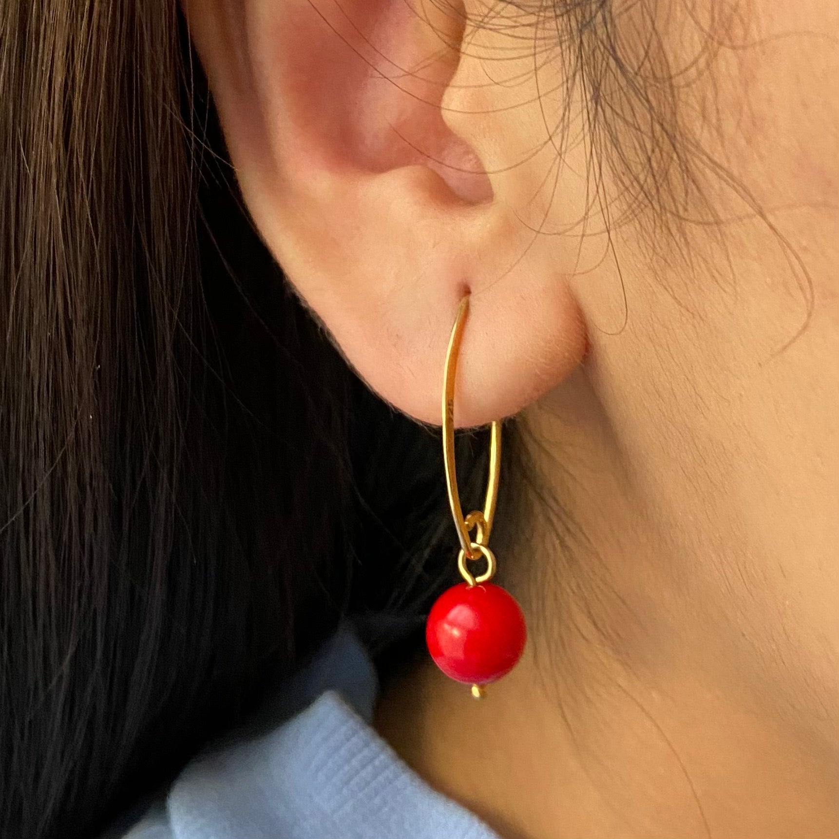 Gold Plated Sterling Silver Threader Earrings - Coral Drop