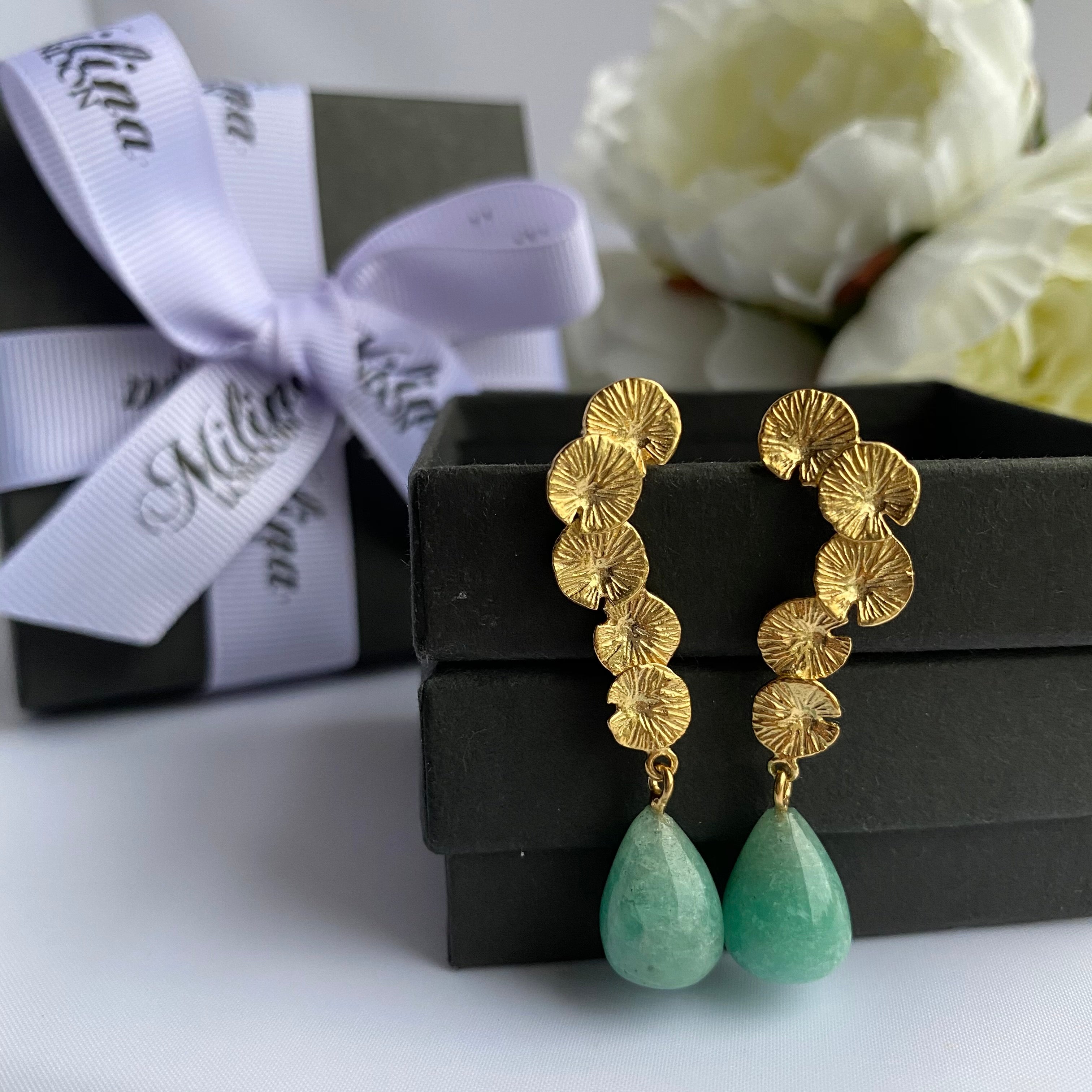 Lily Pad Earrings in Gold Plated Sterling Silver with a Amazonite Stone Drop