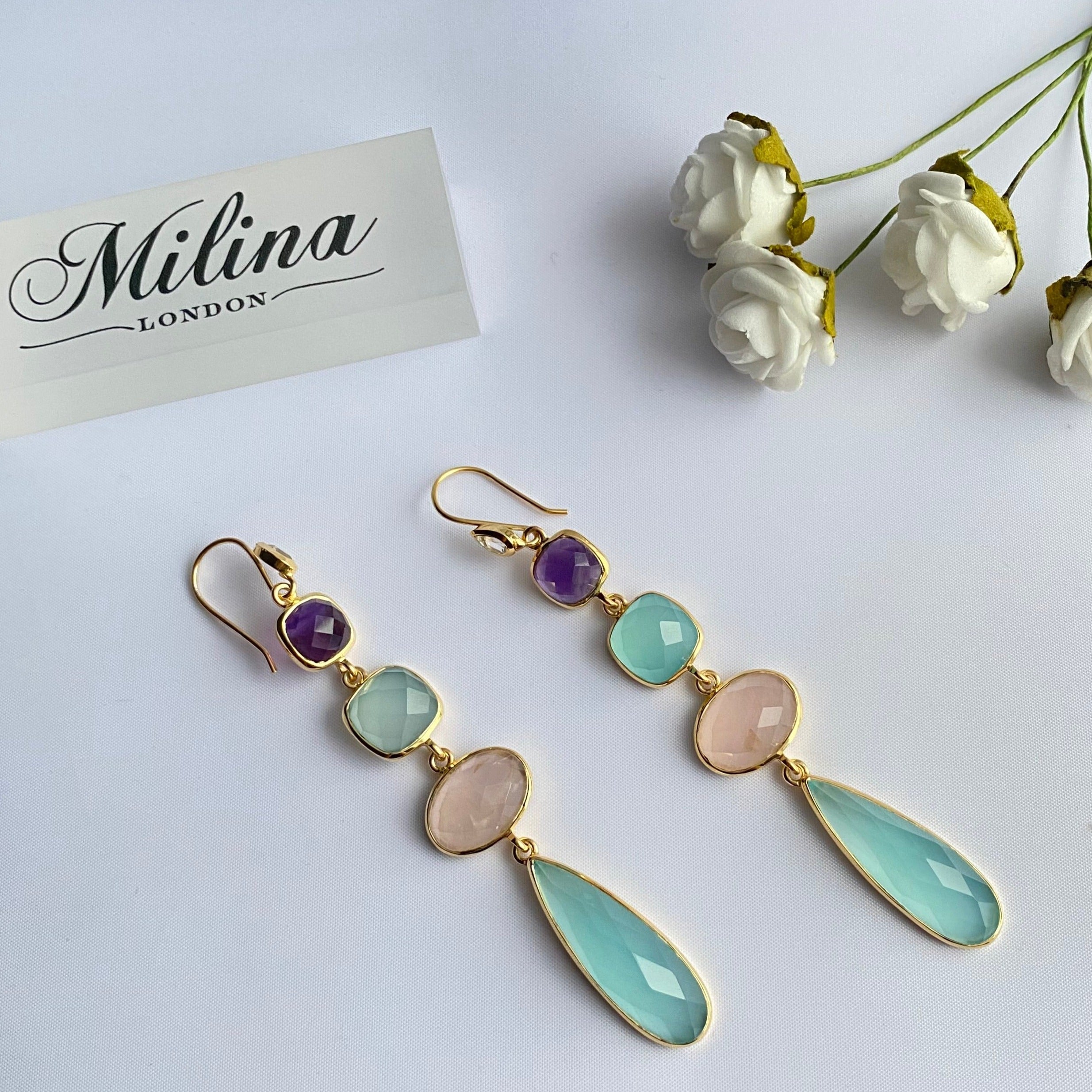 Gold Plated Sterling Silver Long Gemstone Earrings with Amethyst, Aqua Chalcedony and Rose Quartz