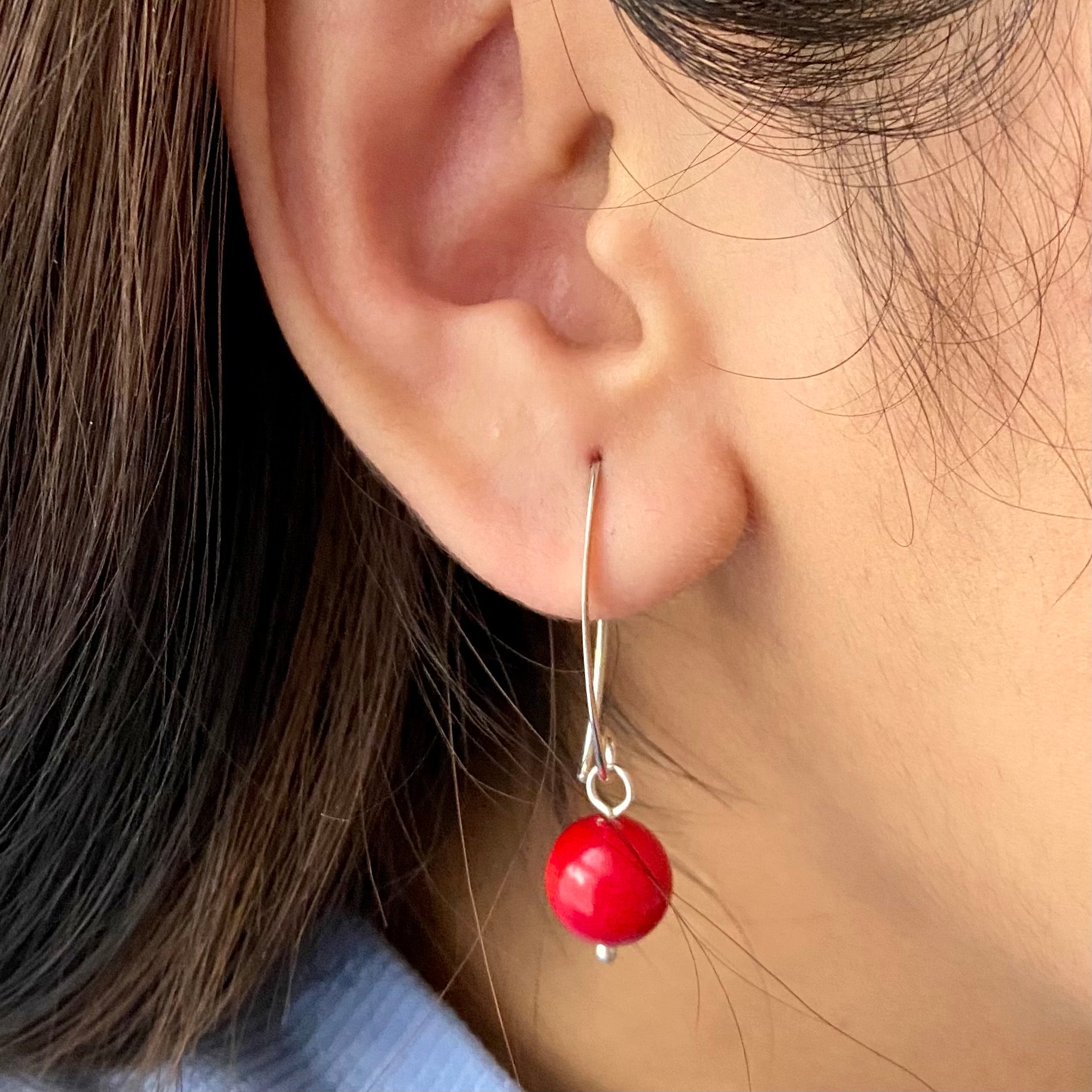 Sterling Silver Threader Hook Earrings - Coral Drop