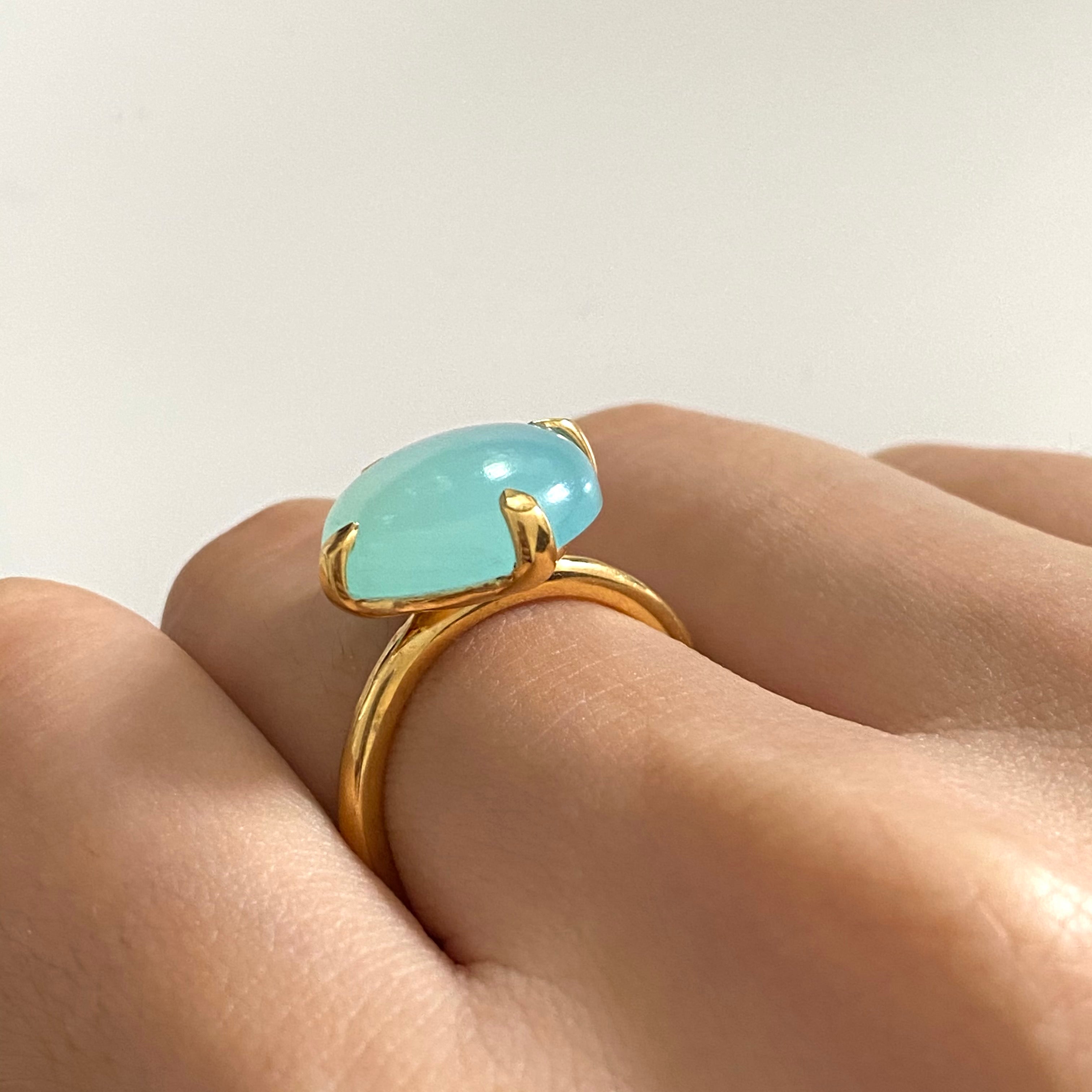Round Cabochon Aqua Chalcedony Ring in Gold Plated Sterling Silver