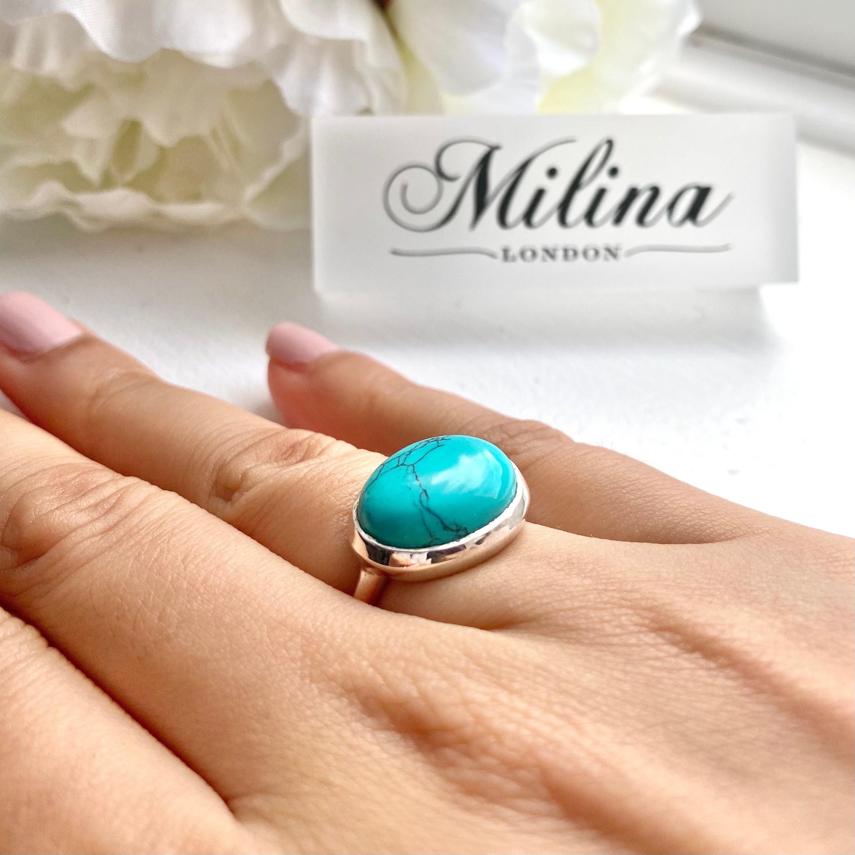 Cabochon Oval Cut Natural Gemstone Sterling Silver Ring - Turquoise