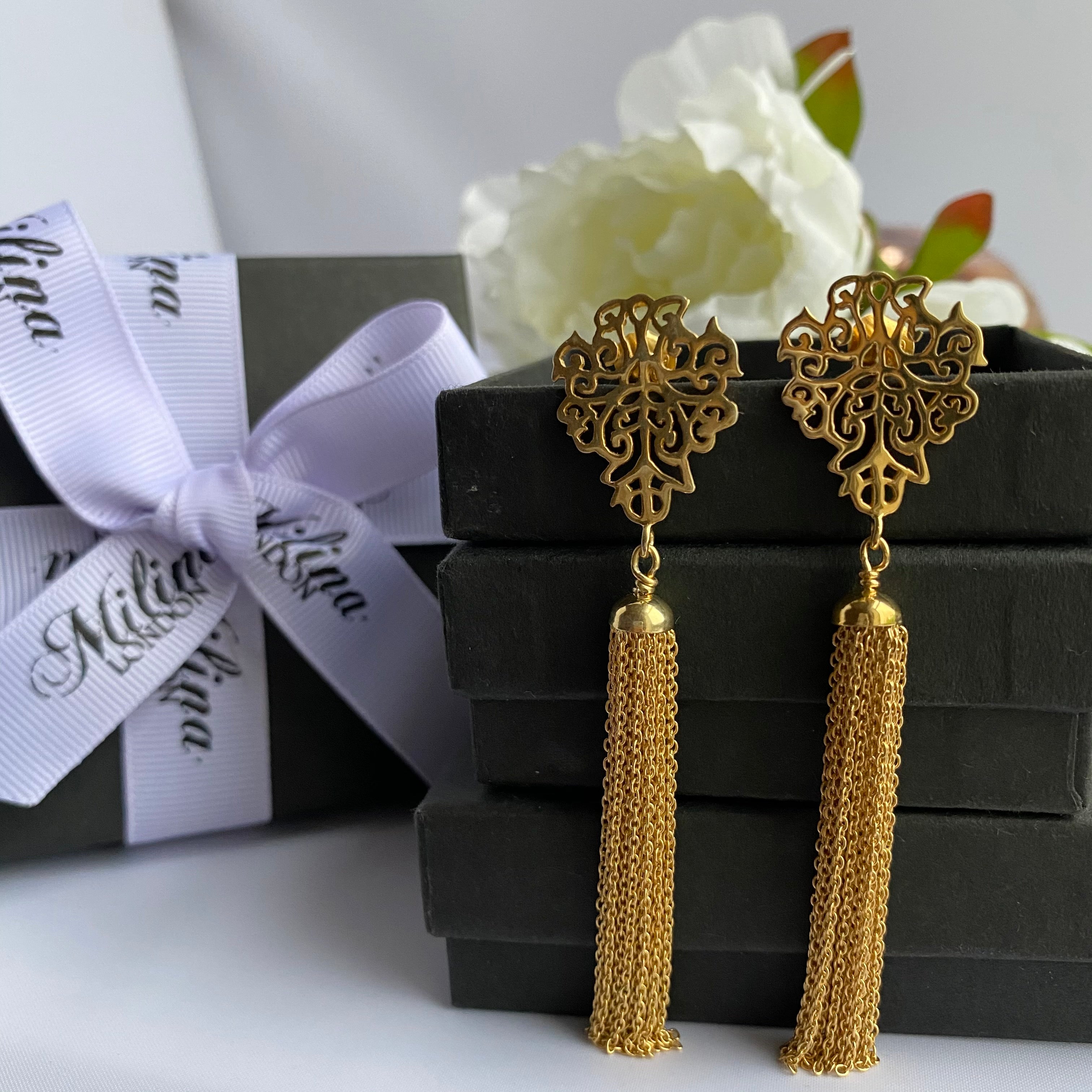 Gold Plated Sterling Silver Intricate Filigree Long Earrings with Tassels