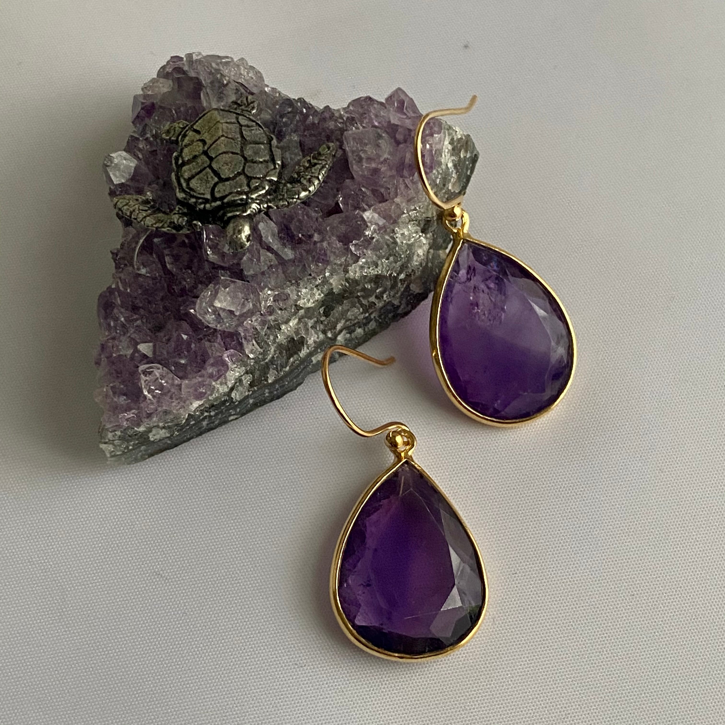 Amethyst Gold Plated Sterling Silver Earrings with a Tear Drop Shaped Gemstone