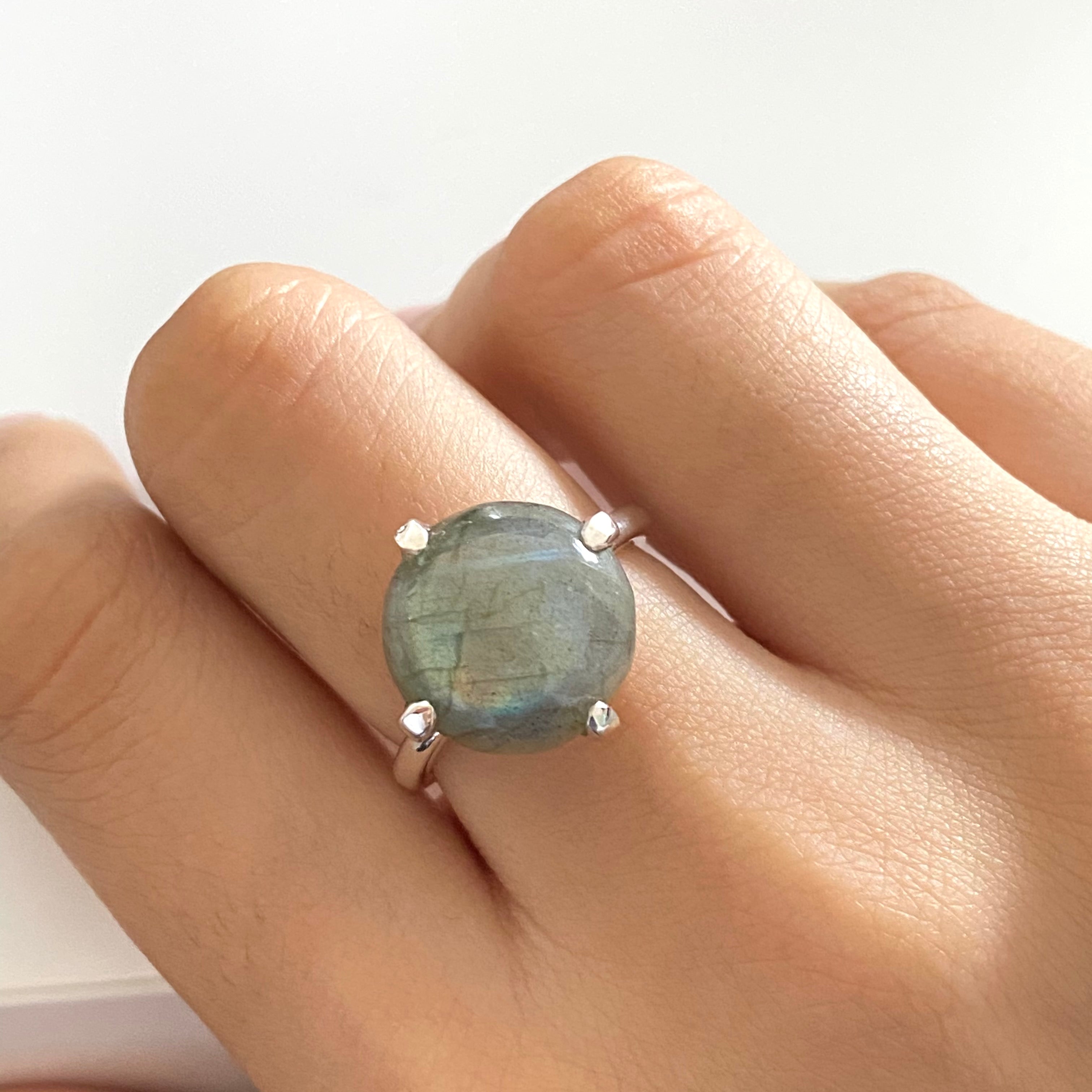 Round Cabochon Labradorite Ring in Sterling Silver