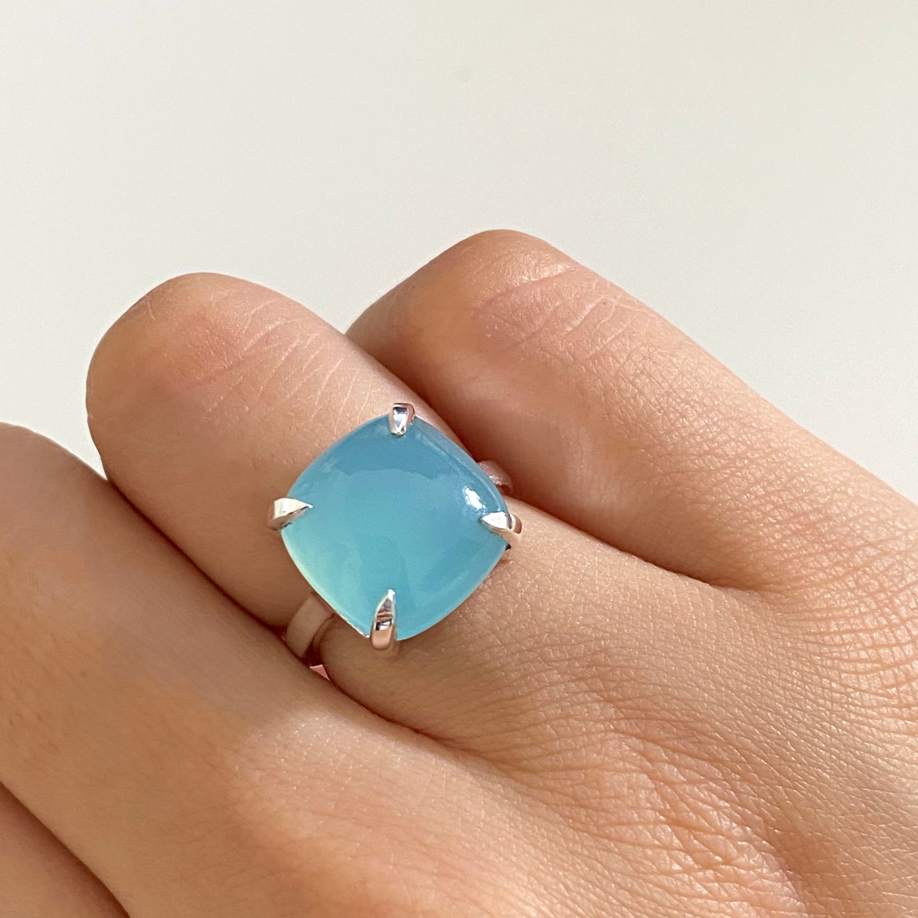 Square Cabochon Aqua Chalcedony Ring in Sterling Silver
