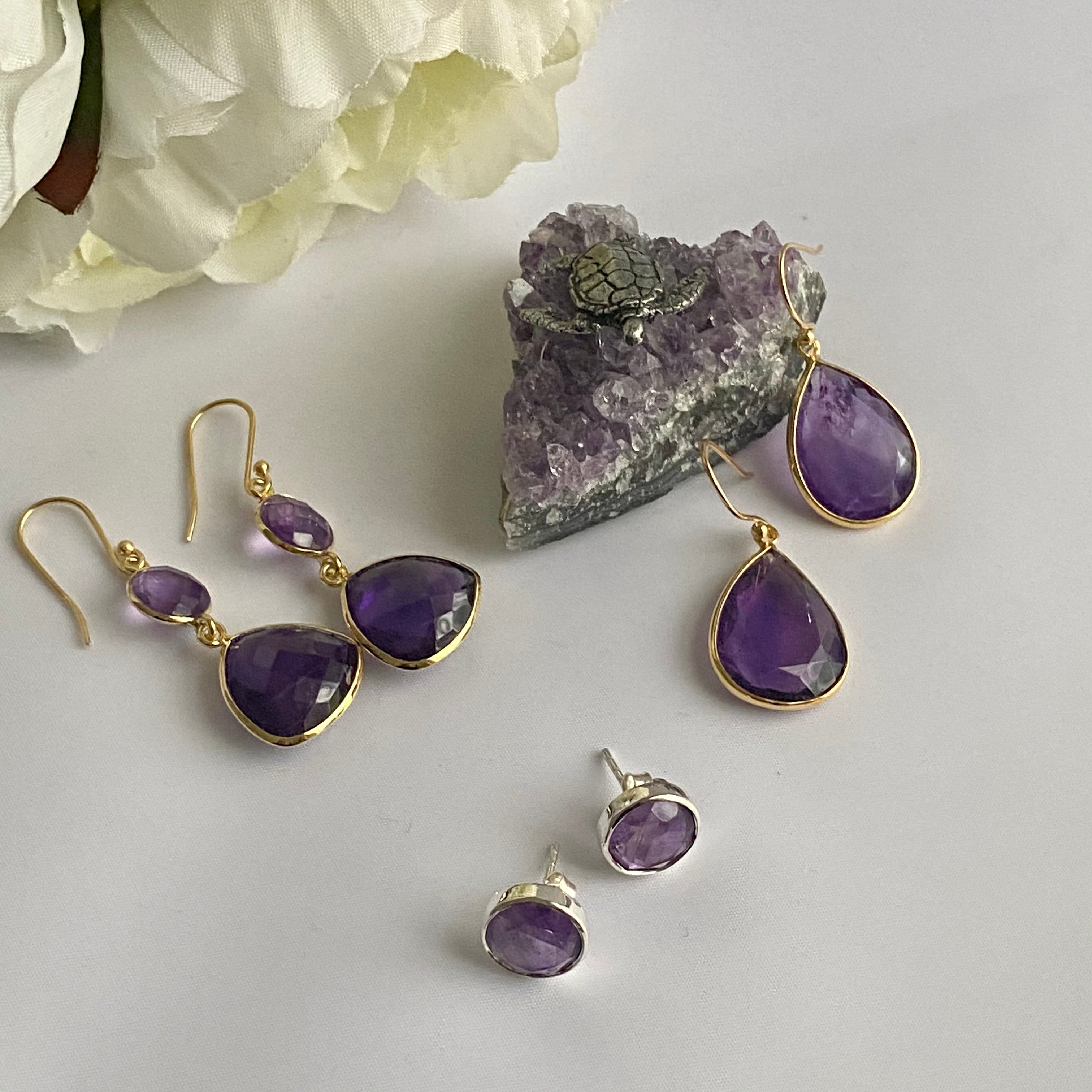 Amethyst Gemstone Earrings in Gold Plated Sterling Silver - Triangular