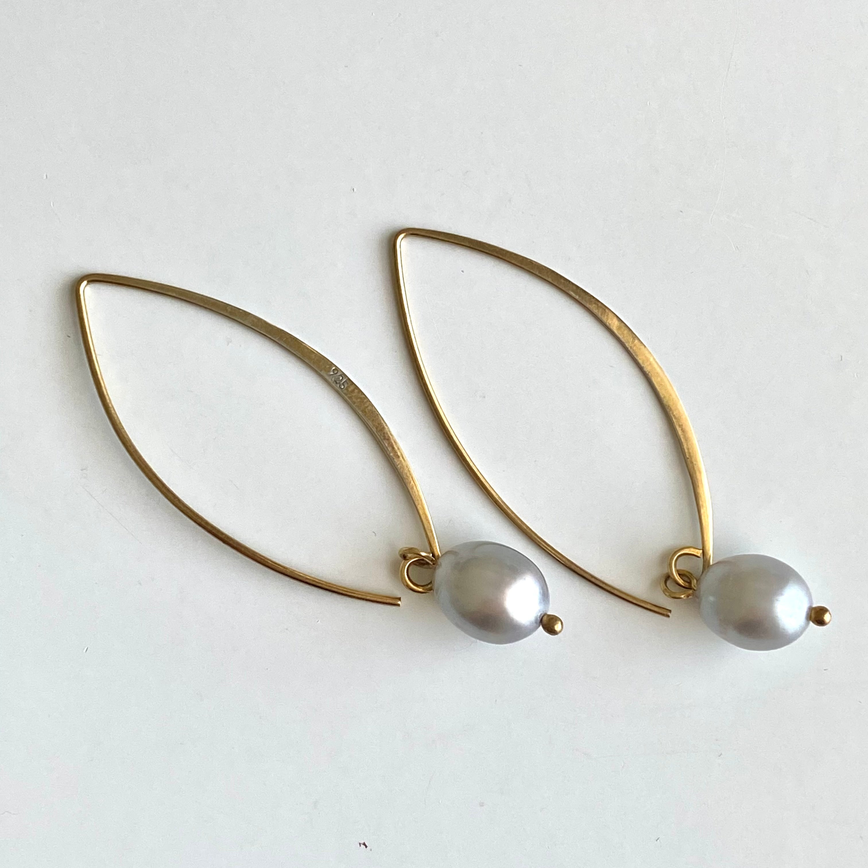 Gold Plated Long Sterling Silver Threader Earrings with Grey Pearl Drop