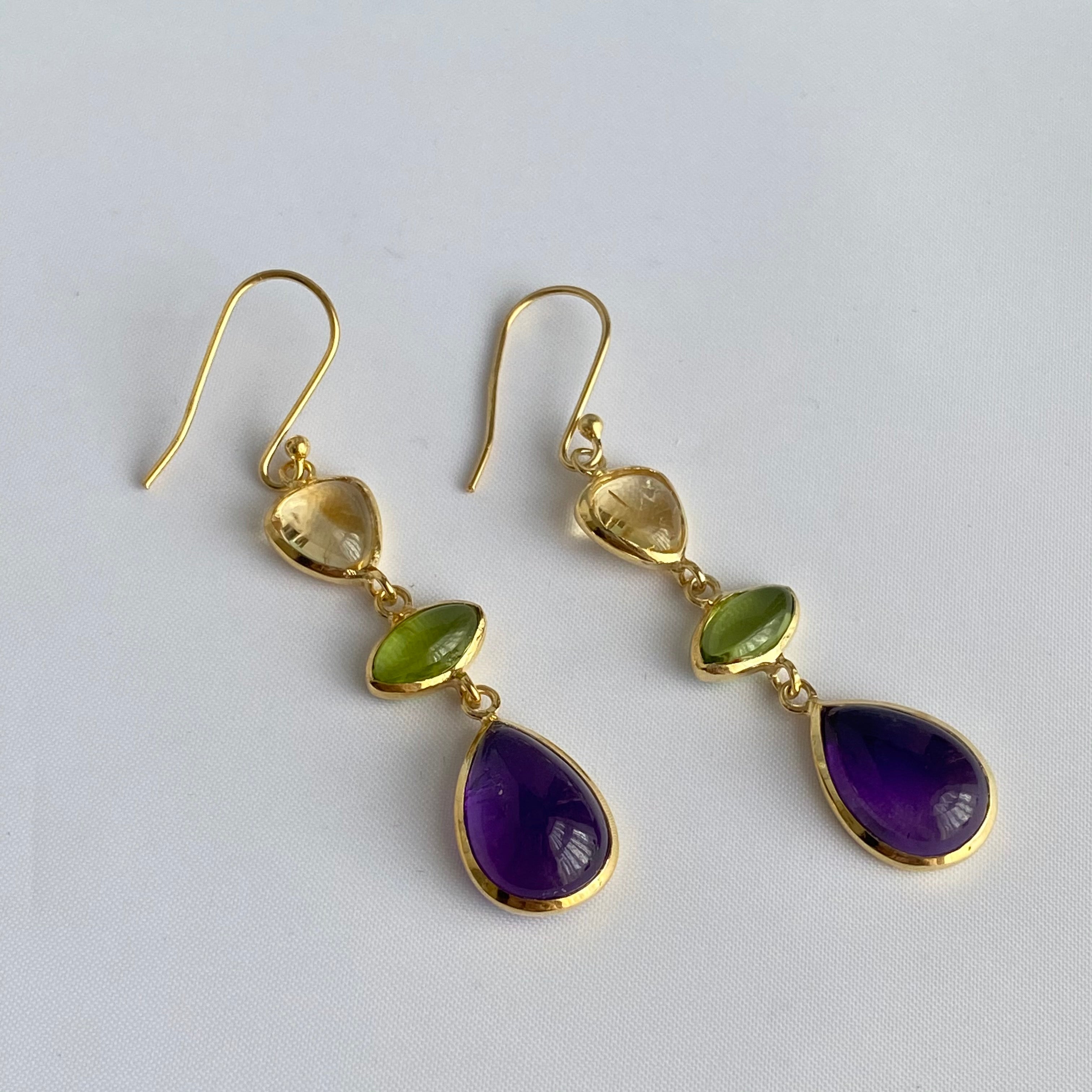 Long Hook Earrings with 3 Cabochon Cut Gemstones - Citrine, Peridot & Amethyst