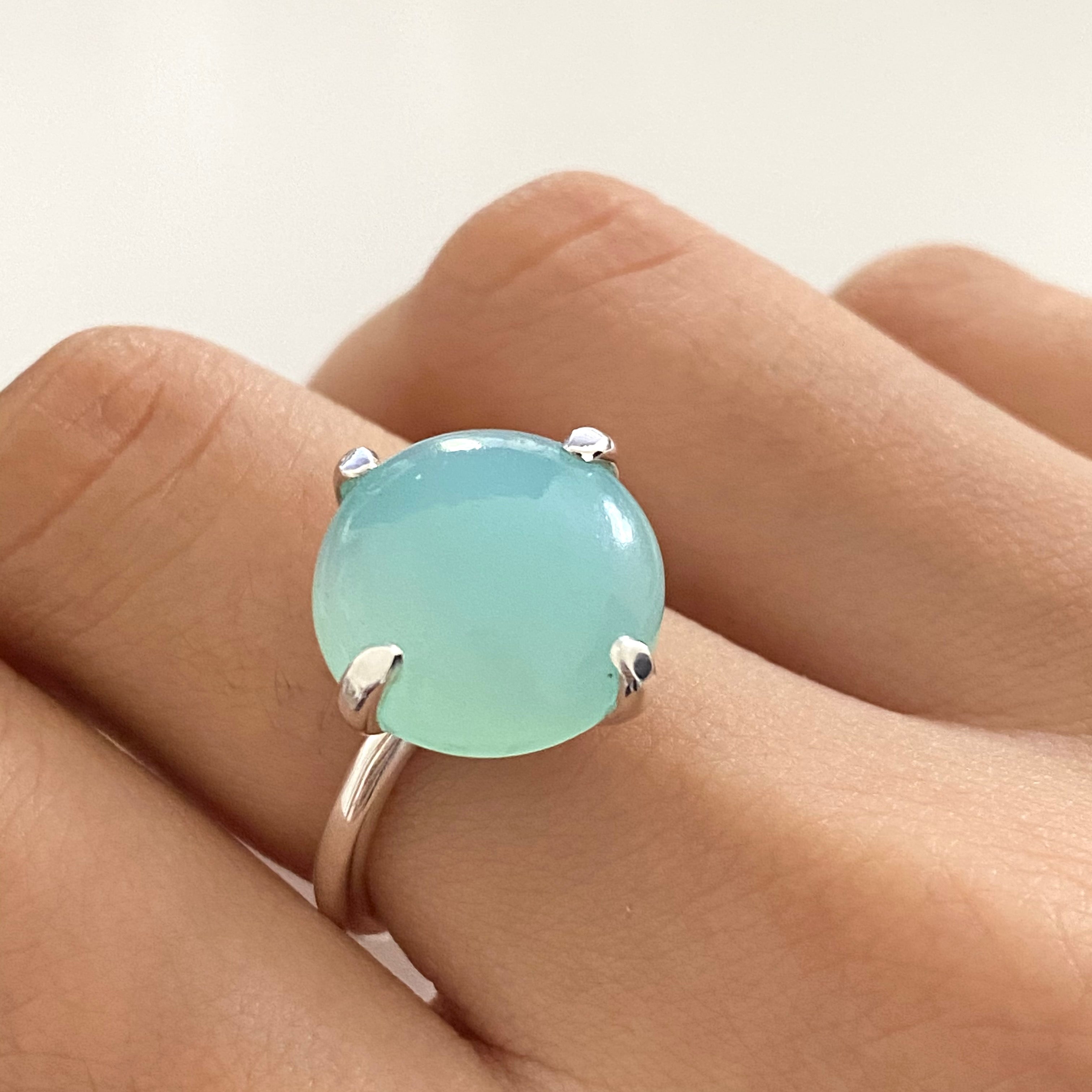 Round Cabochon Aqua Chalcedony Ring in Sterling Silver