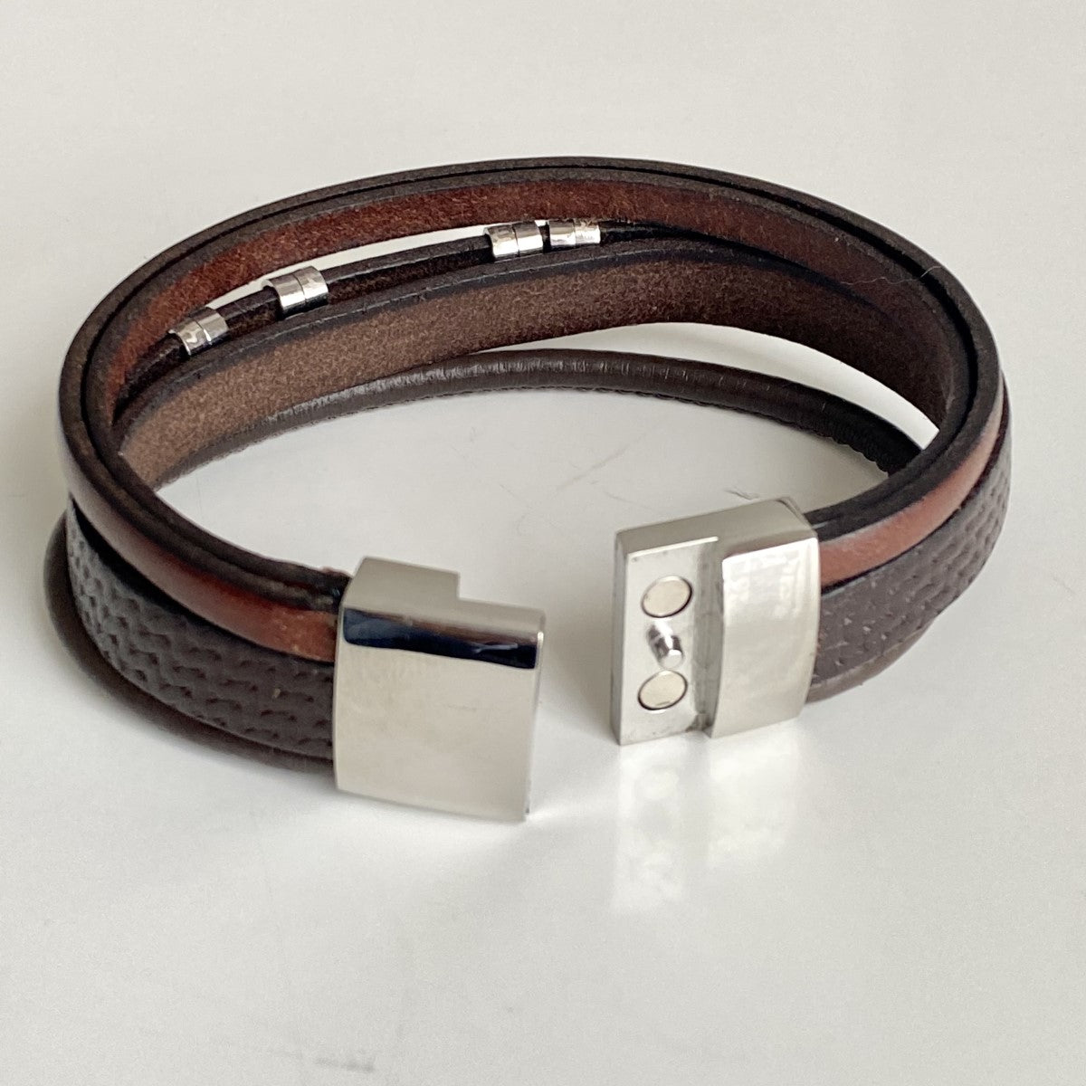 Men's Brown Nappa Leather Bracelet with 5 Bands, Spacers and a Magnetic Stainless Steel Clasp