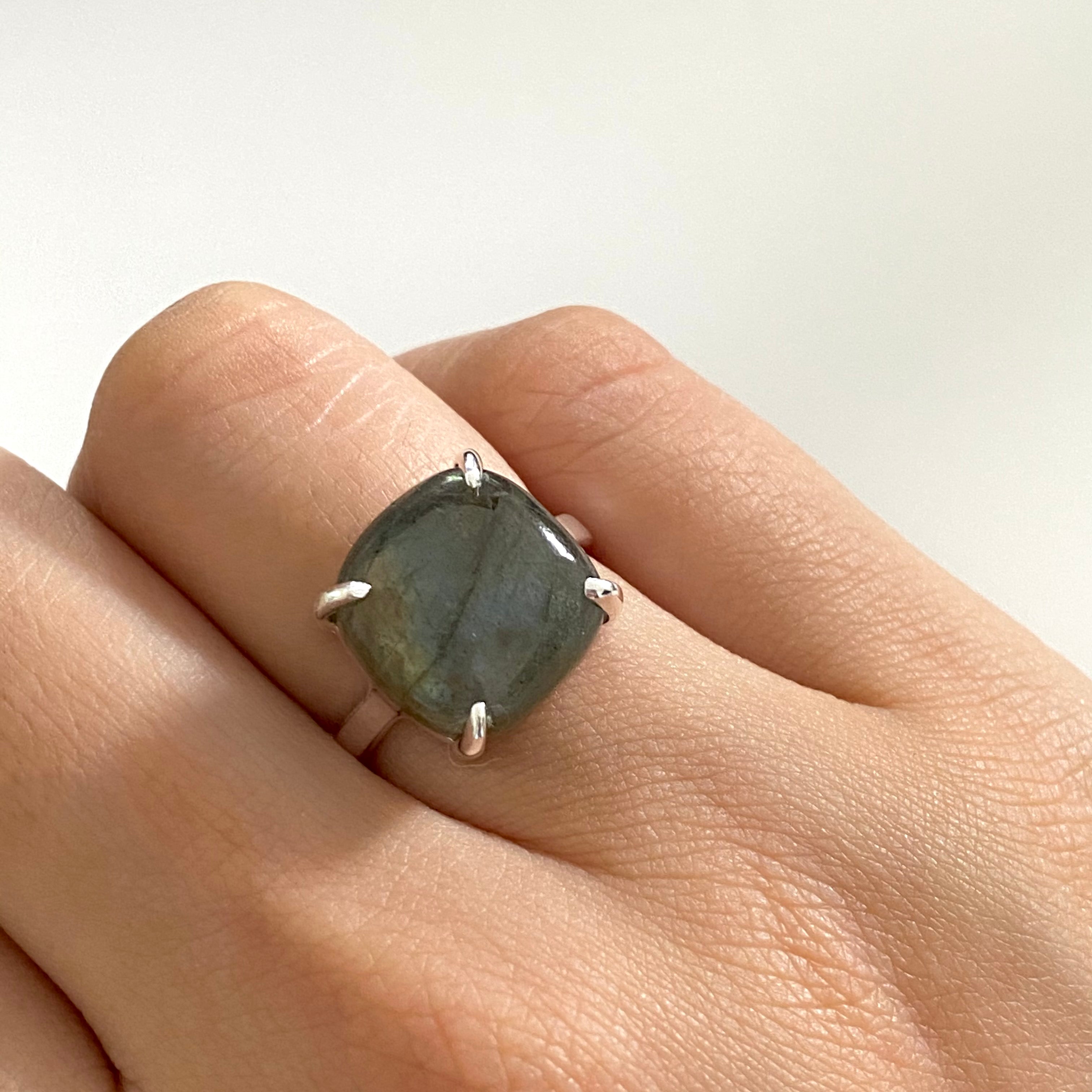 Square Cabochon Labradorite Ring in Sterling Silver