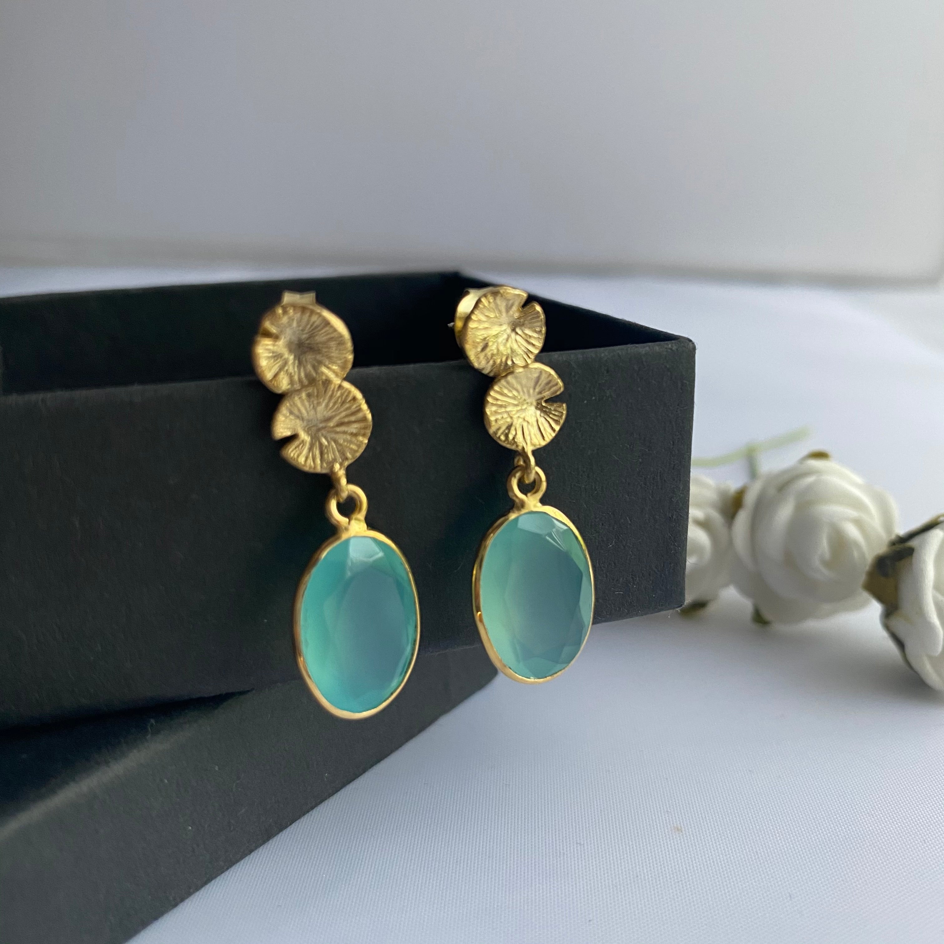Lily Pad Earrings in Gold Plated Sterling Silver with an Aqua Chalcedony Gemstone Drop