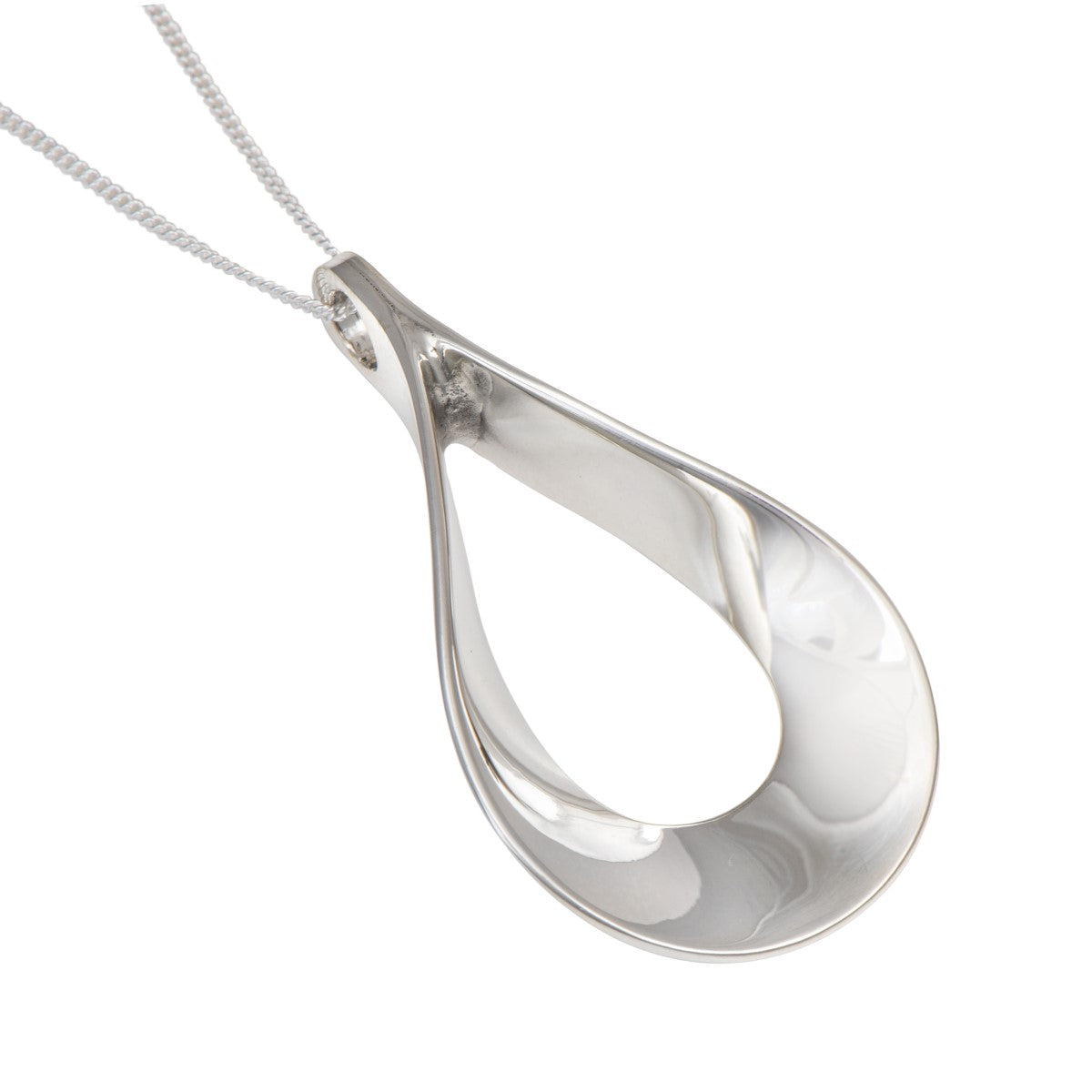 Sterling Silver Curved Tear Drop Shaped Pendant Necklace