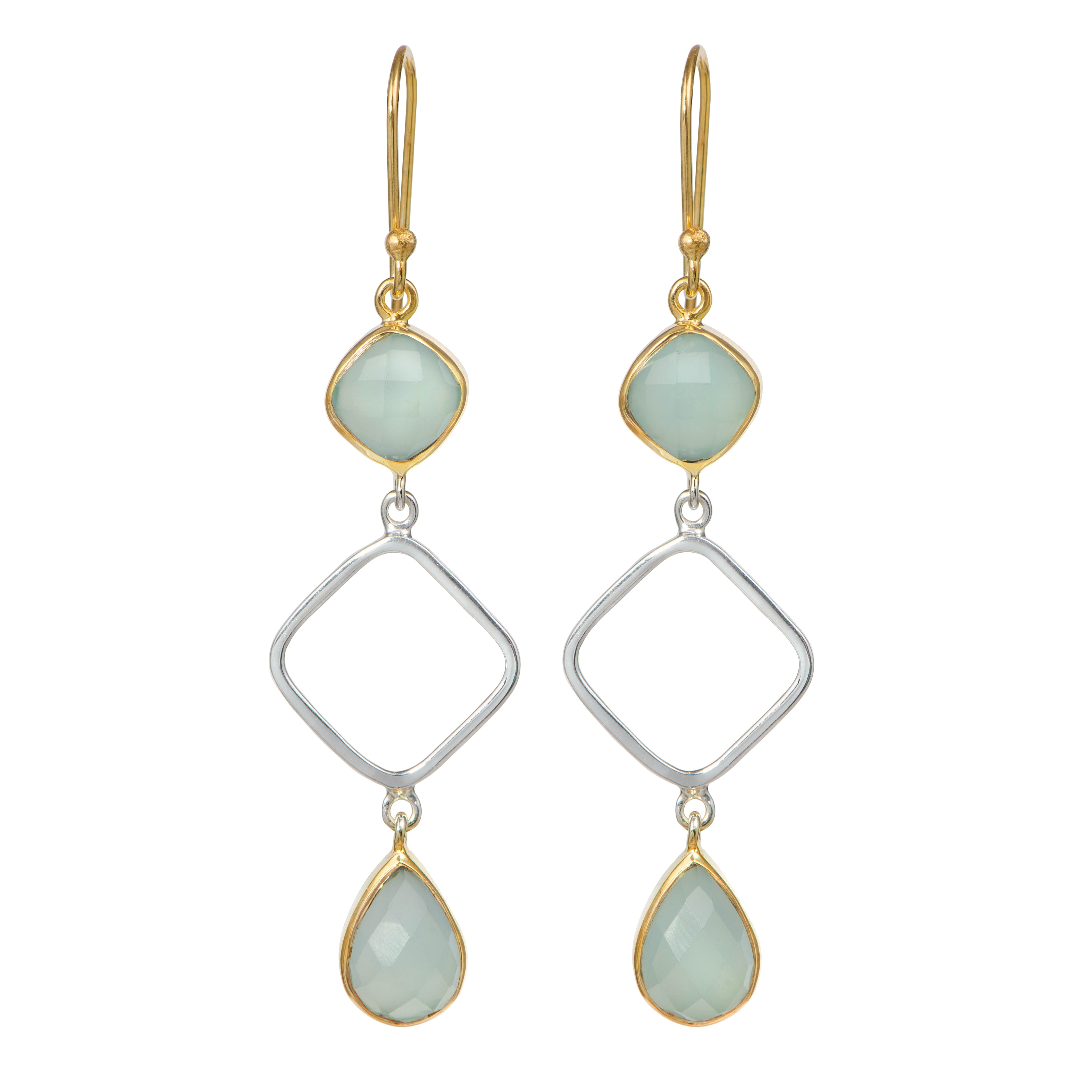 Aqua Chalcedony Two Tone Long Earrings with Two Faceted Gemstones