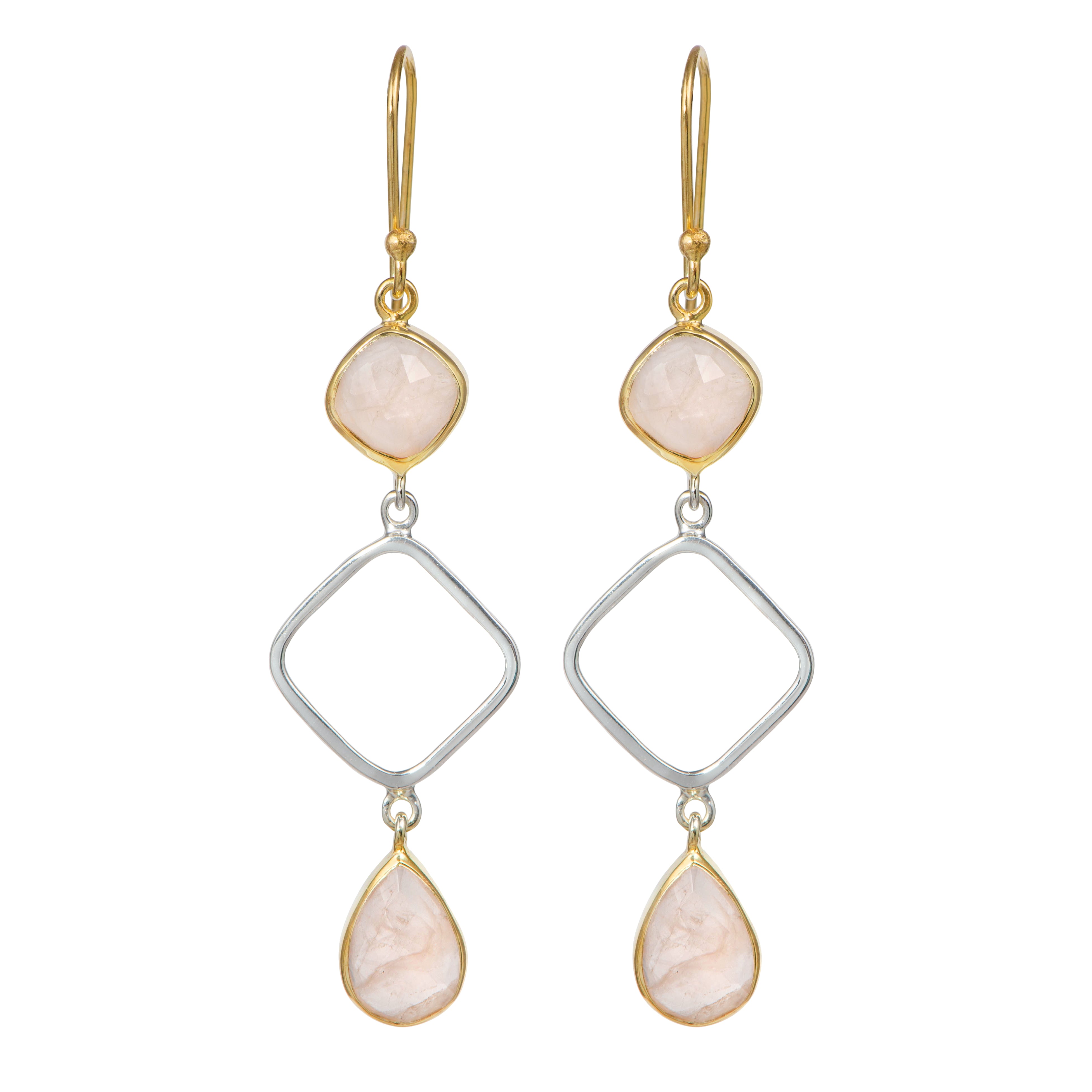 Rose Quartz Two Tone Long Earrings with Two Faceted Gemstones