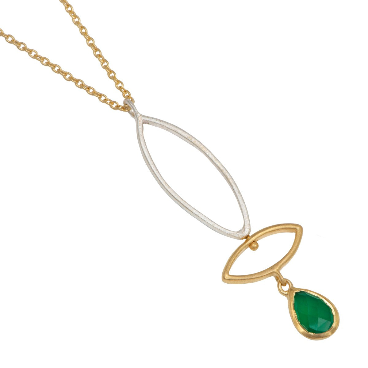 Green Onyx Gemstone Two Tone Pendant Necklace in Gold Plated Sterling Silver