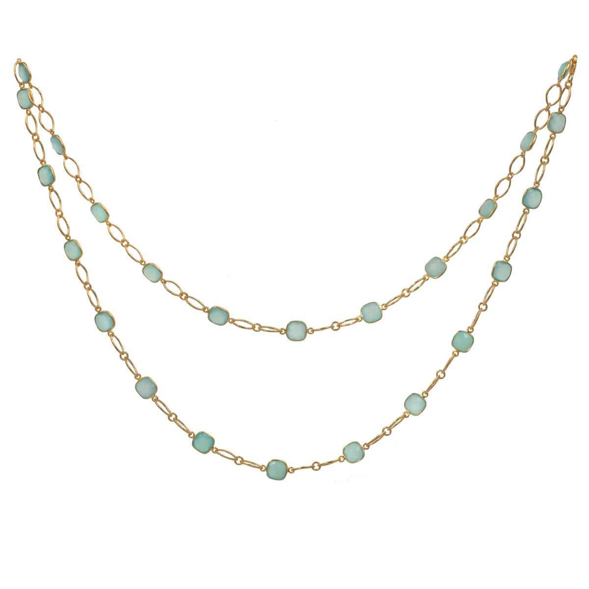 Aqua Chalcedony Gold Plated Sterling Silver Long Statement Necklace with Large Oval Links Chain