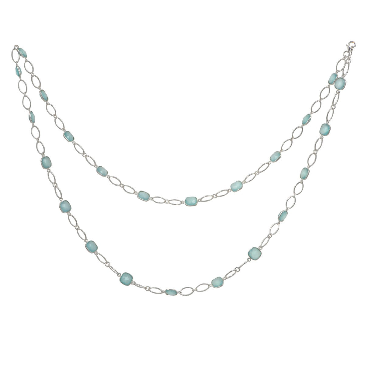 Aqua Chalcedony Sterling Silver Long Statement Necklace with Large Oval Links Chain