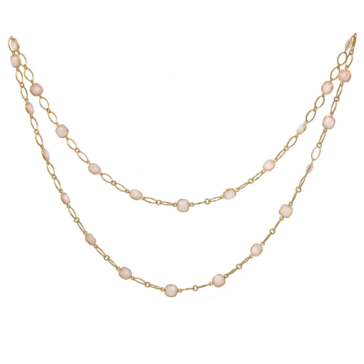 Rose Quartz Gold Plated Sterling Silver Long Statement Necklace with Large Oval Links Chain