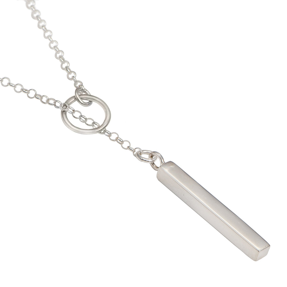 Silver Lariat Y Necklace with Long Cuboid Pendant