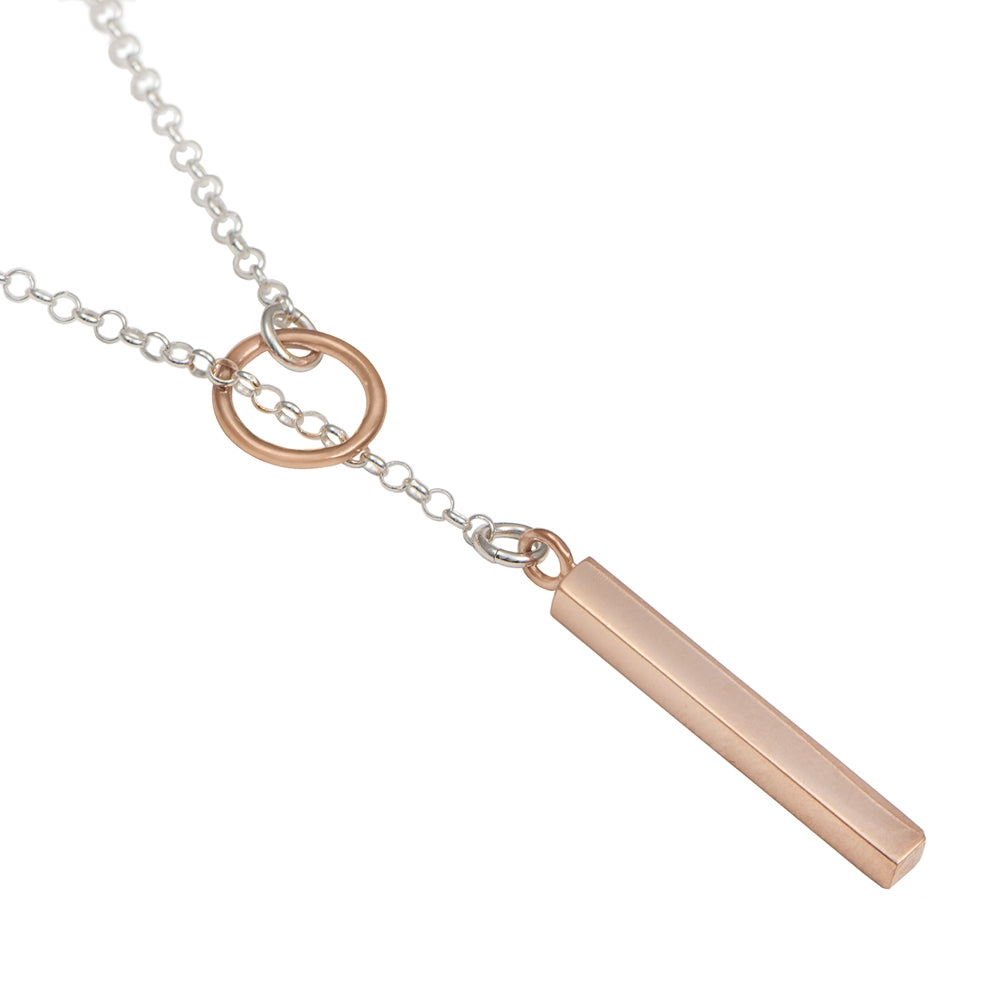 Rose Gold Plated Silver Lariat Y Necklace with Long Cuboid Pendant