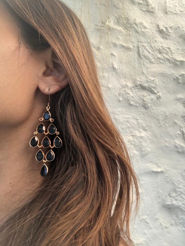 Sterling Silver Chandelier Earrings with Natural Gemstones - Black Onyx
