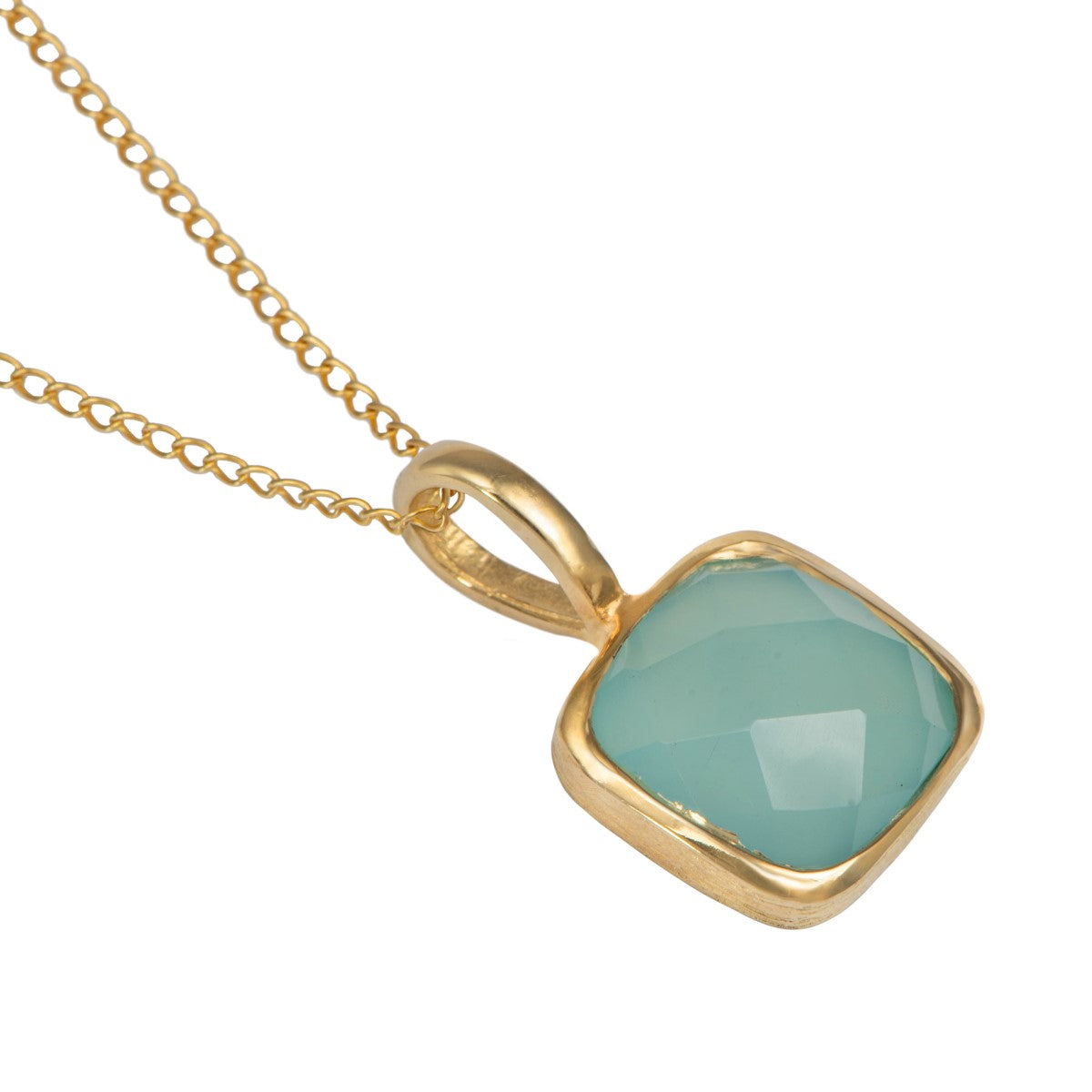 Gold Plated Sterling Silver Pendant Necklace with a Faceted Square Gemstone - Aqua Chalcedony
