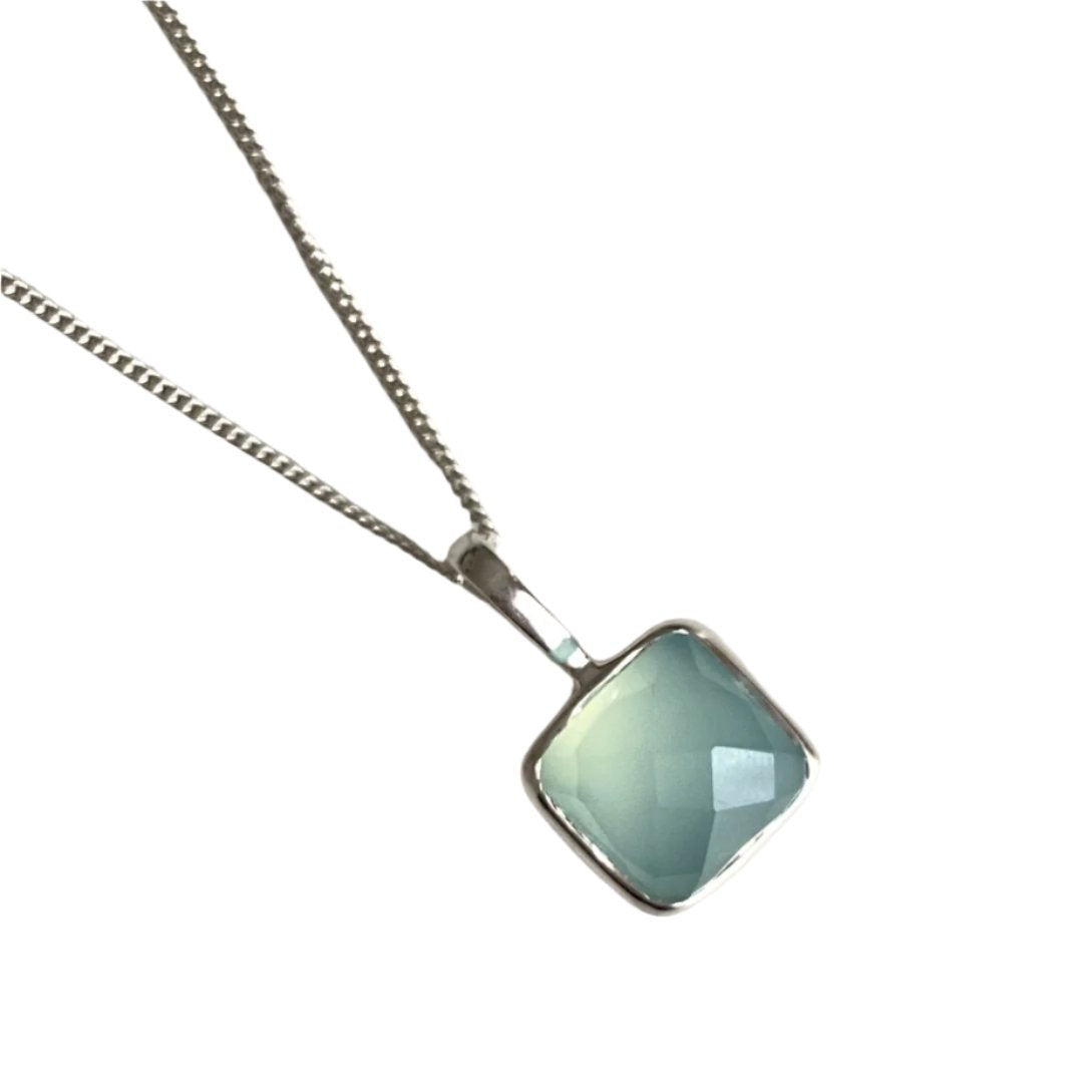 Sterling Silver Pendant Necklace with a Faceted Square Gemstone - Aqua Chalcedony