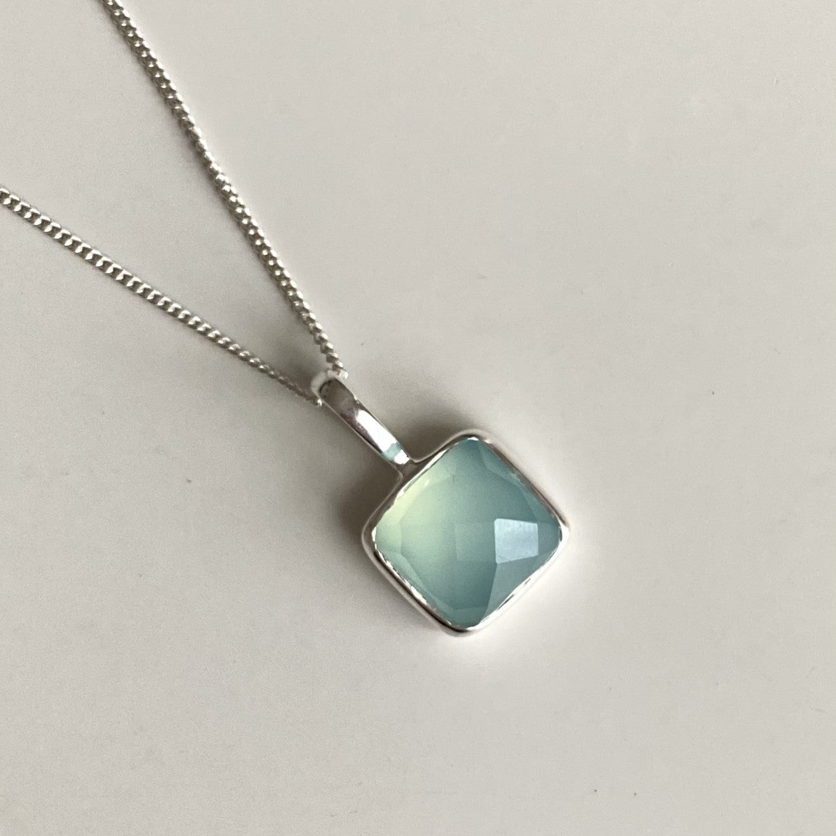 Sterling Silver Pendant Necklace with a Faceted Square Gemstone - Aqua Chalcedony