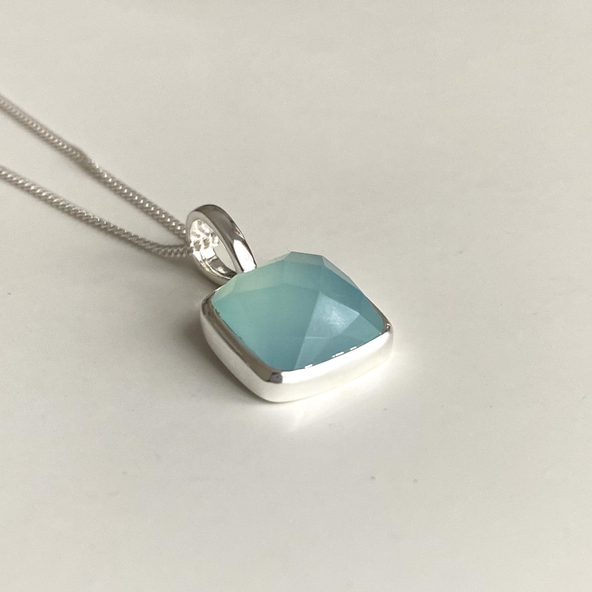 Sterling Silver Pendant Necklace with a Faceted Square Gemstone - Aqua Chalcedony