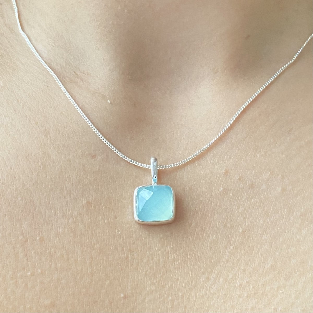 Sterling Silver Pendant Necklace with a Faceted Square Gemstone - Aqua Chalcedony