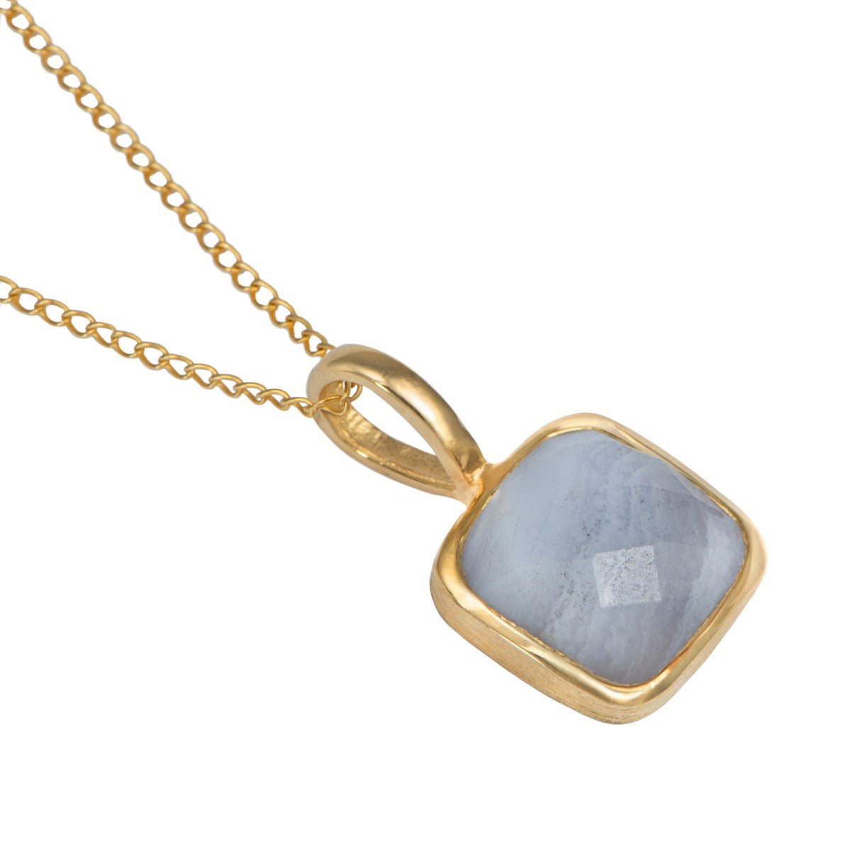 Gold Plated Sterling Silver Pendant Necklace with a Faceted Square Gemstone - Blue Laced Agate