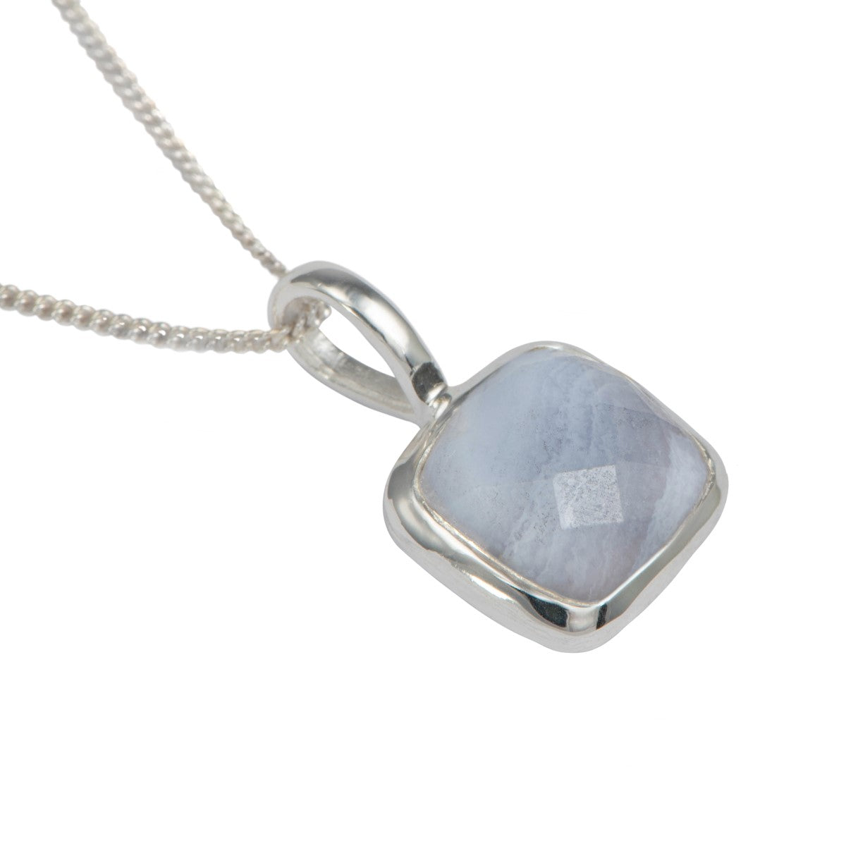 Sterling Silver Pendant Necklace with a Faceted Square Gemstone - Blue Laced Agate