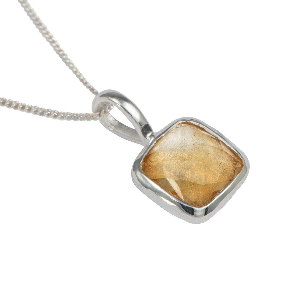 Sterling Silver Pendant Necklace with a Faceted Square Gemstone - Citrine