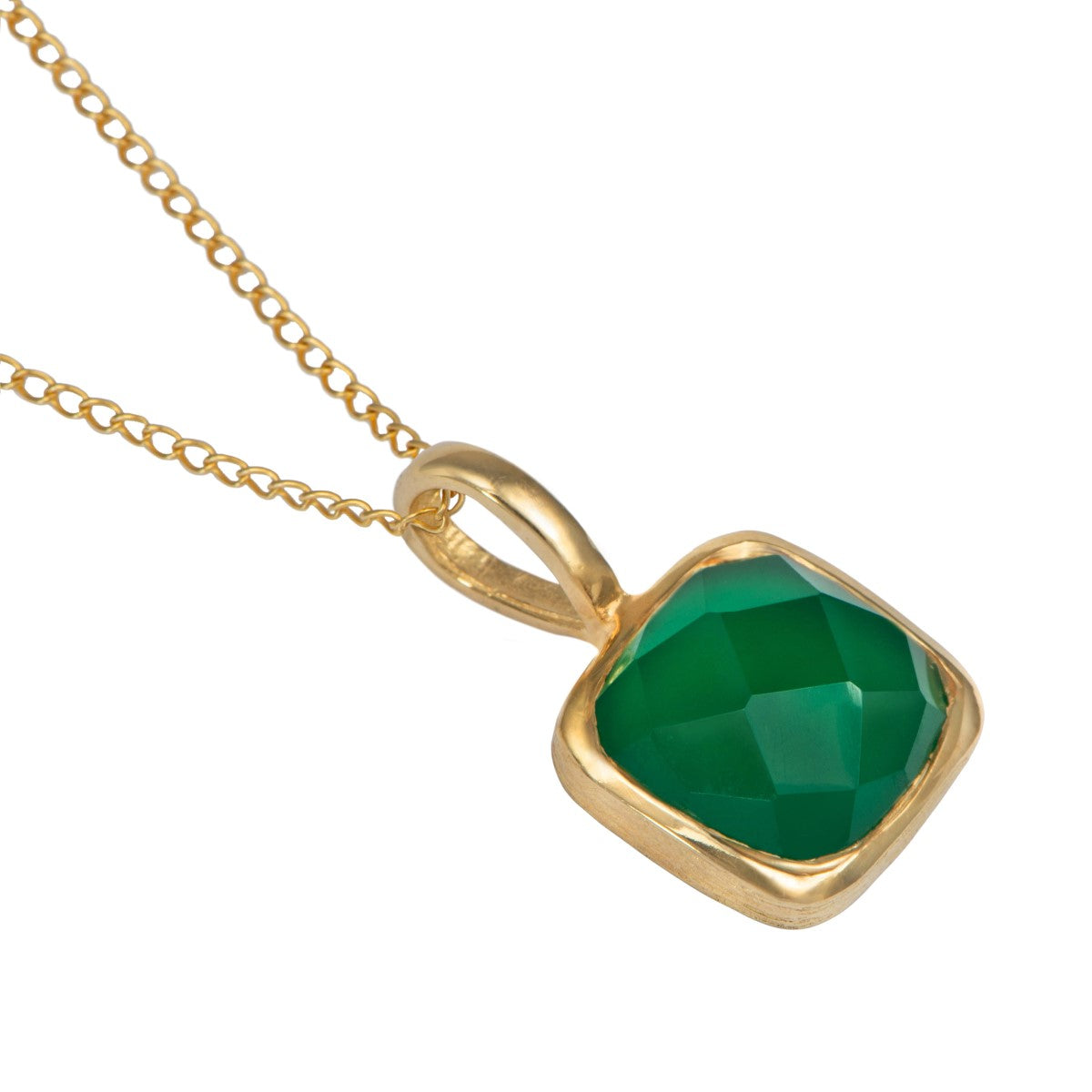 Gold Plated Sterling Silver Pendant Necklace with a Faceted Square Gemstone - Green Onyx