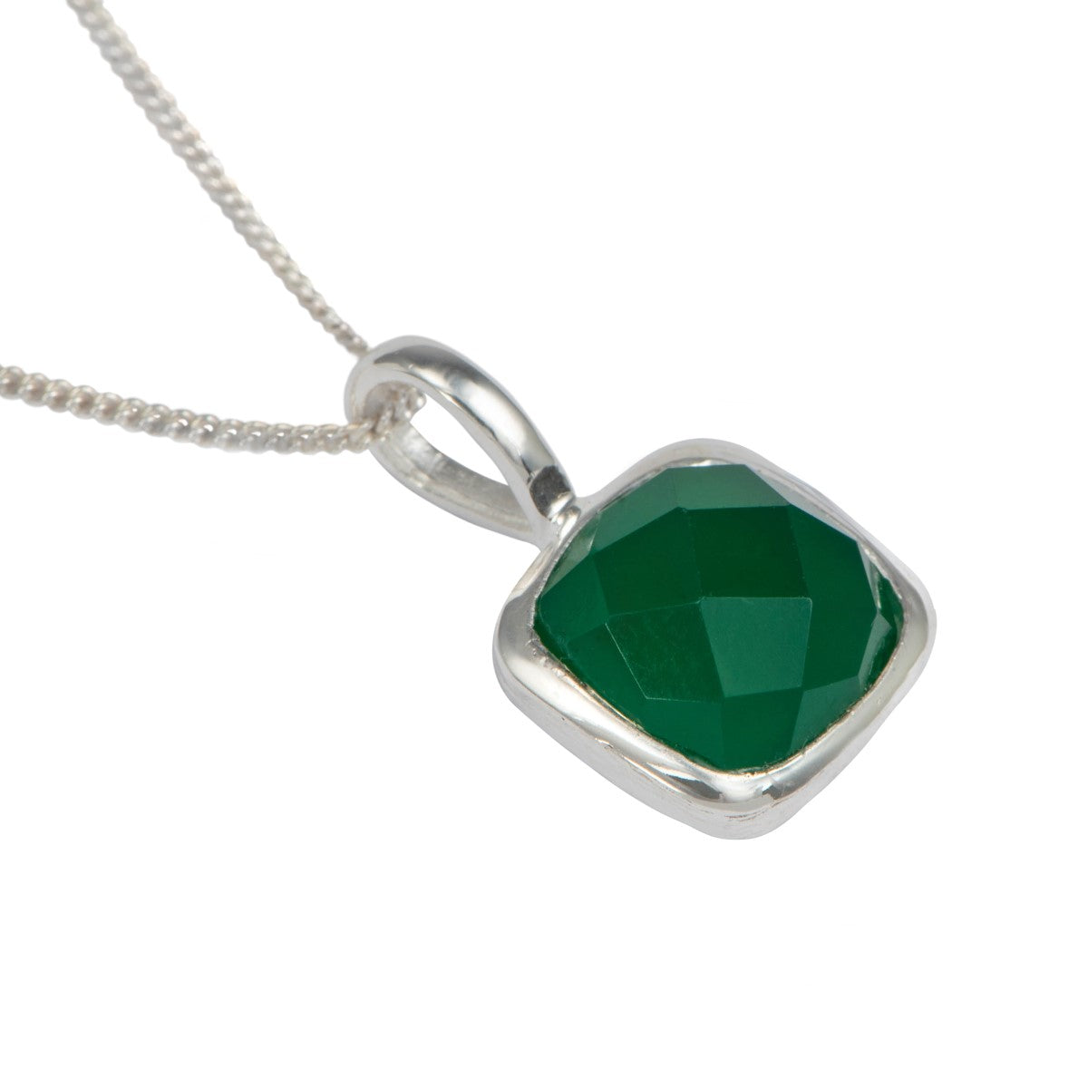 Sterling Silver Pendant Necklace with a Faceted Square Gemstone - Green Onyx