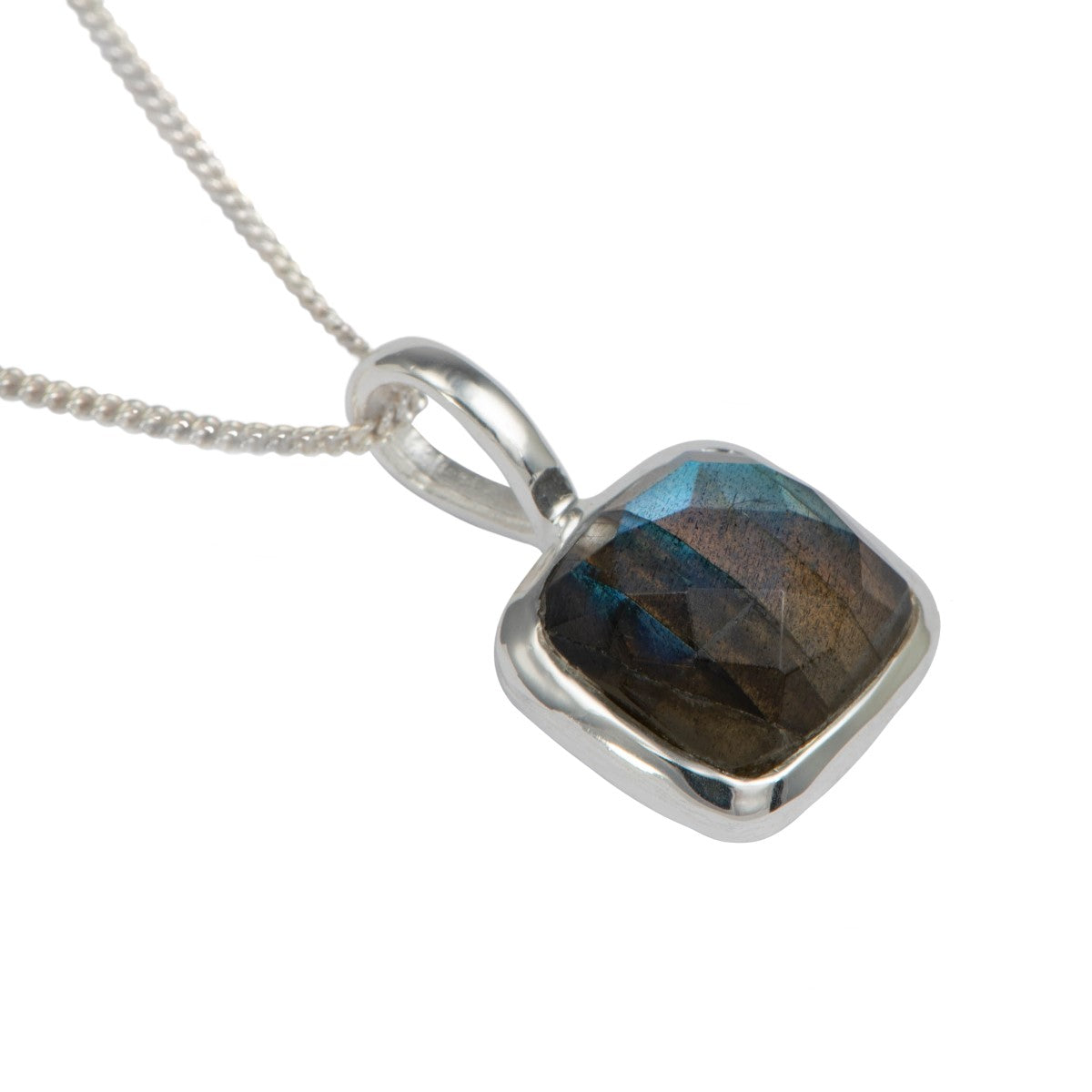 Sterling Silver Pendant Necklace with a Faceted Square Gemstone - Labradorite
